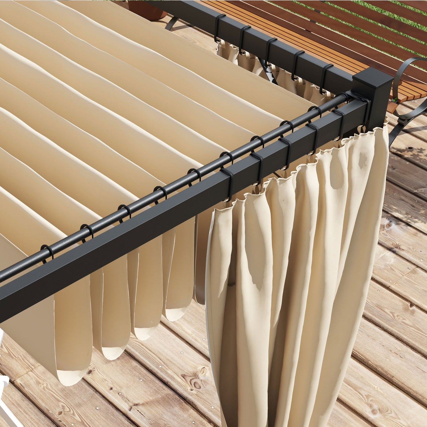 10' x 10' Pergola with Retractable Pergola Canopy and Curtains, Metal Frame Garden Gazebo Outdoor Sun Shade Shelter for Grill, Patio, Deck, Beige