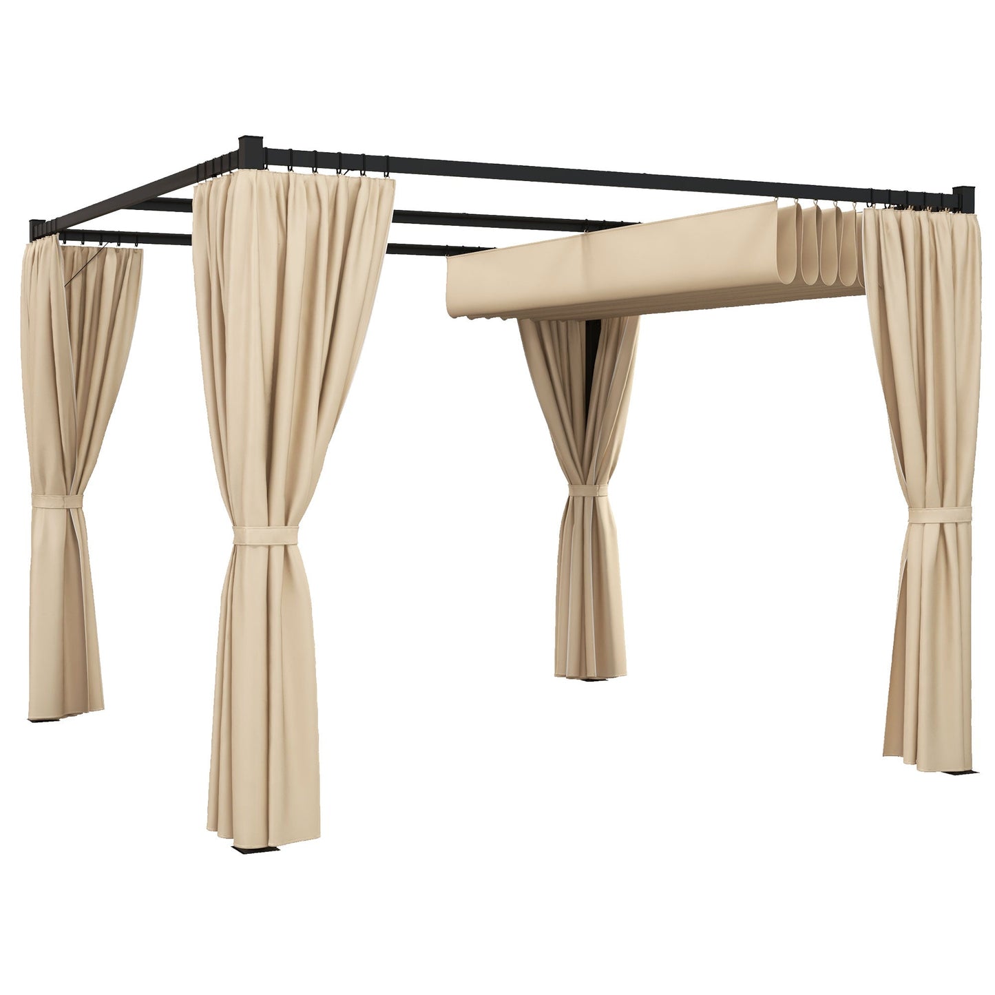 10' x 10' Pergola with Retractable Pergola Canopy and Curtains, Metal Frame Garden Gazebo Outdoor Sun Shade Shelter for Grill, Patio, Deck, Beige
