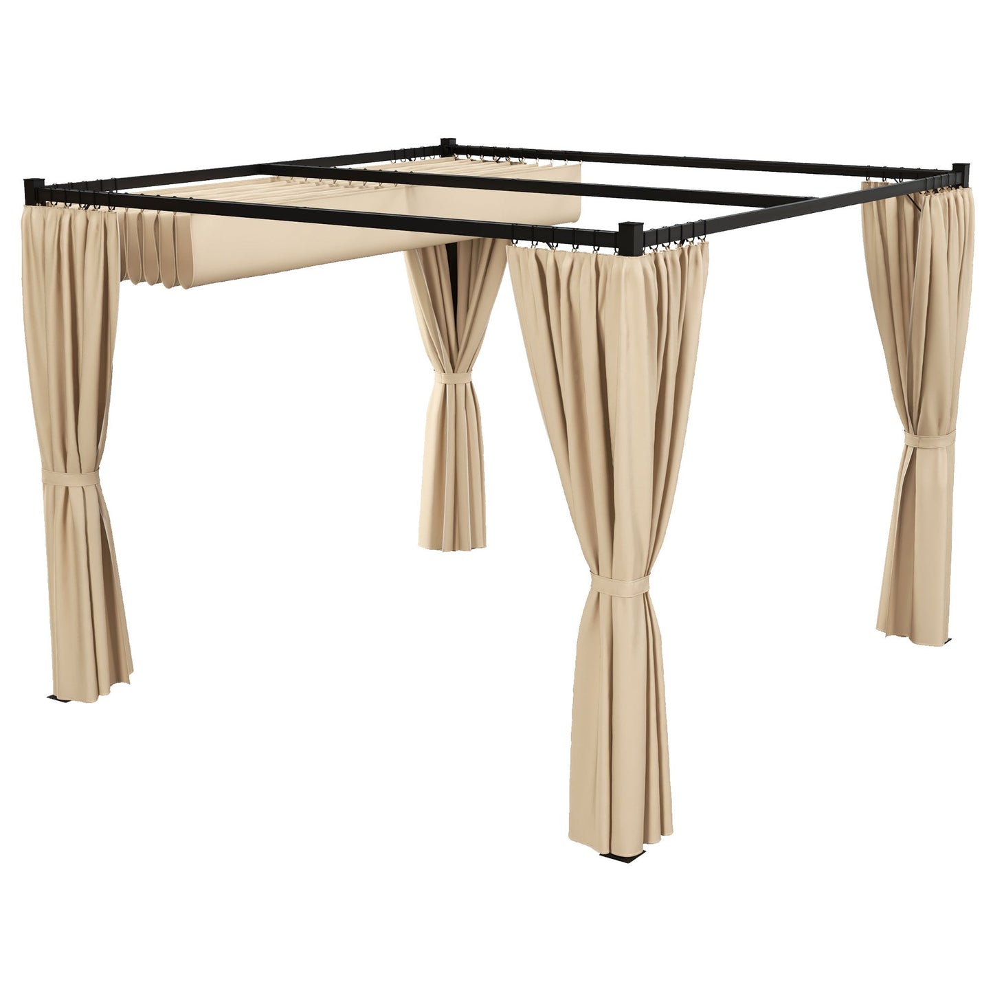 10' x 10' Pergola with Retractable Pergola Canopy and Curtains, Metal Frame Garden Gazebo Outdoor Sun Shade Shelter for Grill, Patio, Deck, Beige