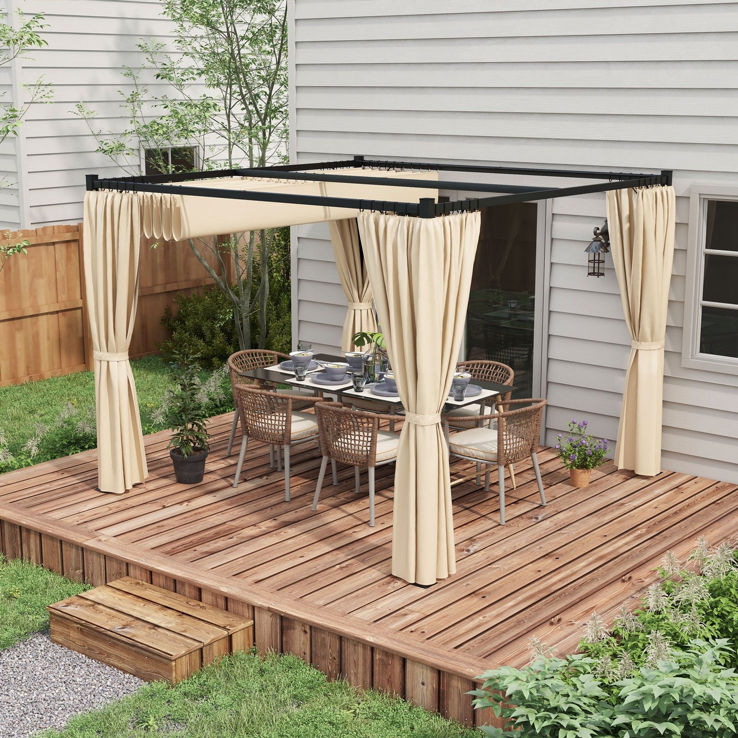 10' x 10' Pergola with Retractable Pergola Canopy and Curtains, Metal Frame Garden Gazebo Outdoor Sun Shade Shelter for Grill, Patio, Deck, Beige