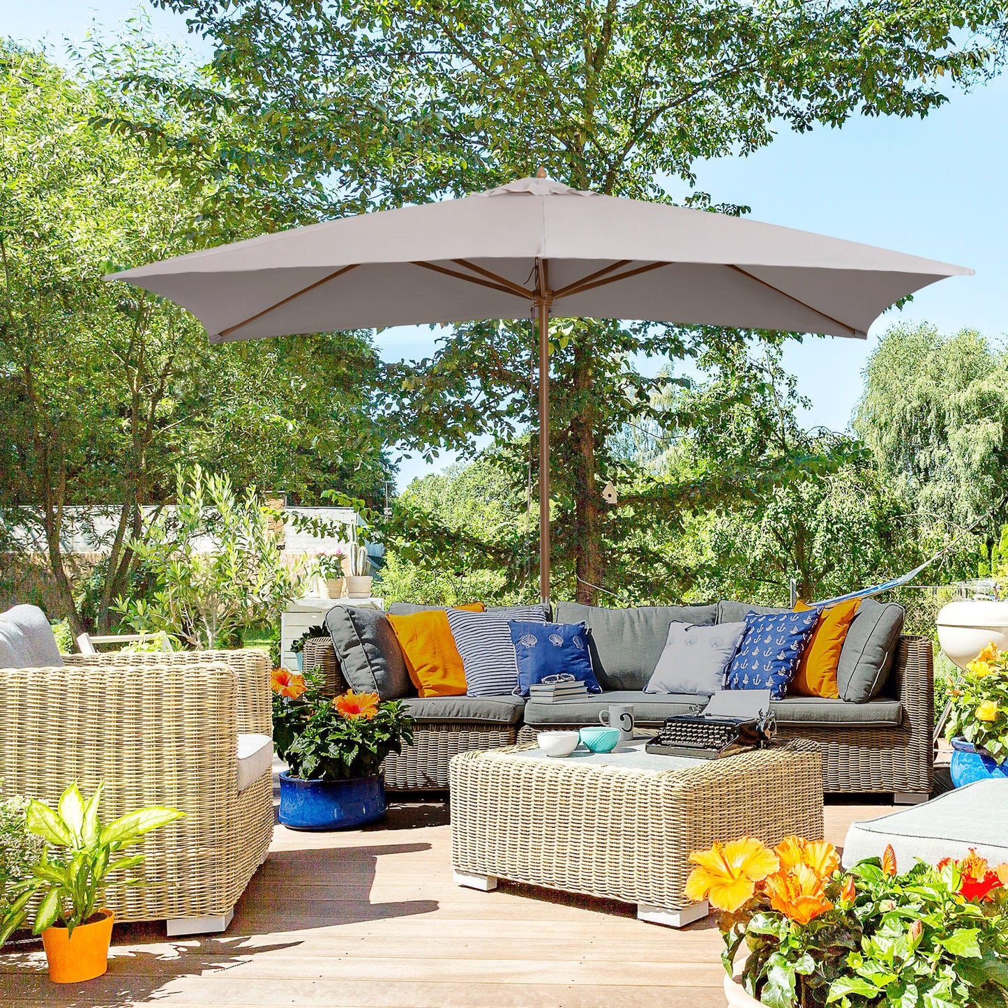 7' x 10' Wooden Patio Umbrella, Rectangular Garden Parasol, Market Table Umbrella with Top Vent, Grey
