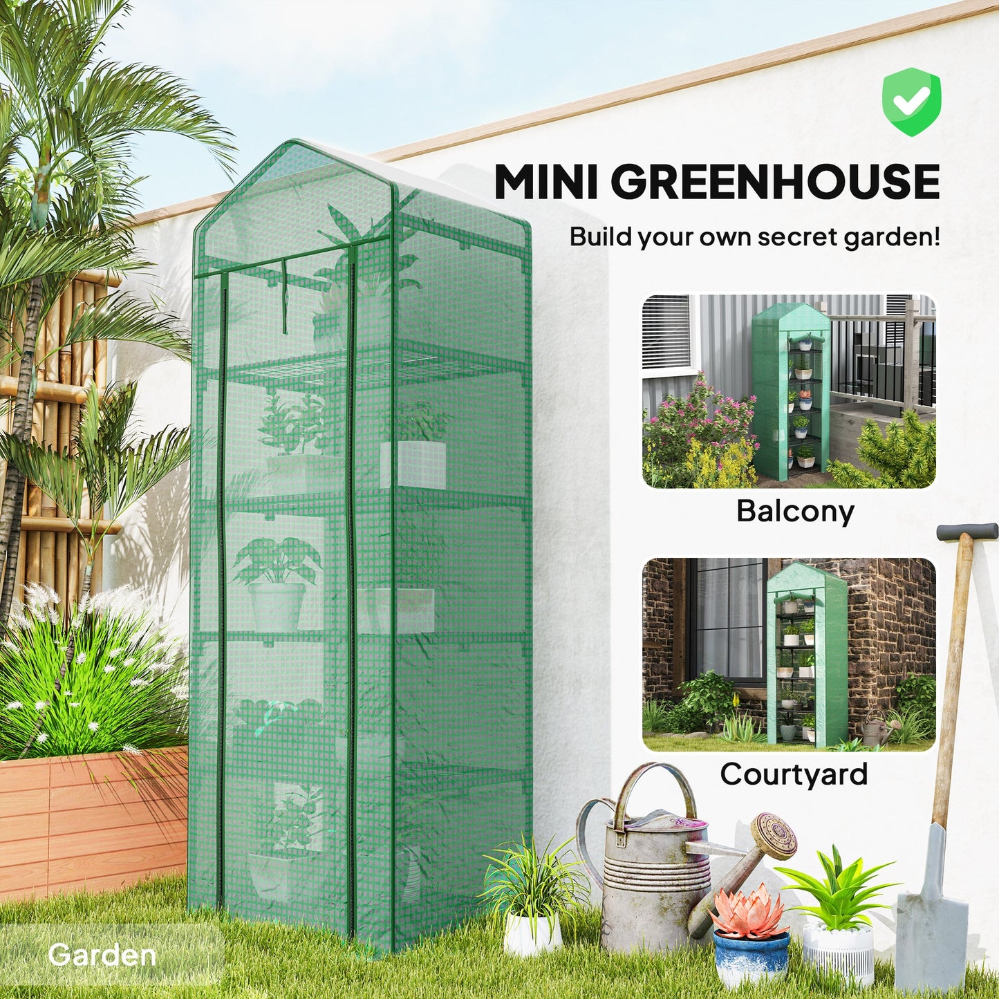 5 Tier Mini Greenhouse, Portable Outdoor Flower Stand with Shelf Clips, Indoor Greenhouse with Steel Frame, Transparent, 27.25" x 19.25" x 76", Green