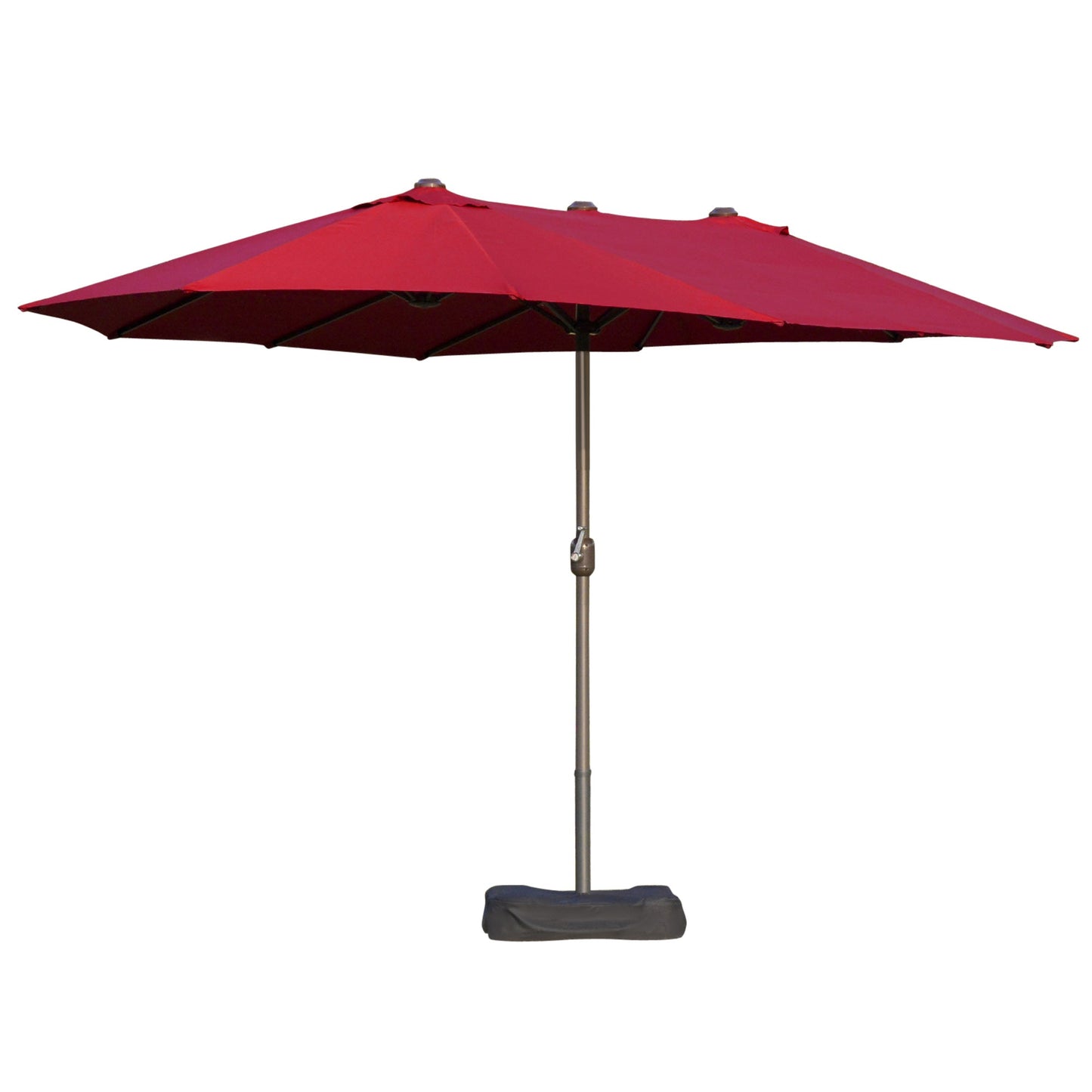 15' Outdoor Patio Umbrella with Twin Canopy Sunshade Steel Table Umbrella with Lift Crank, Cross base, Sandbag, Wine Red