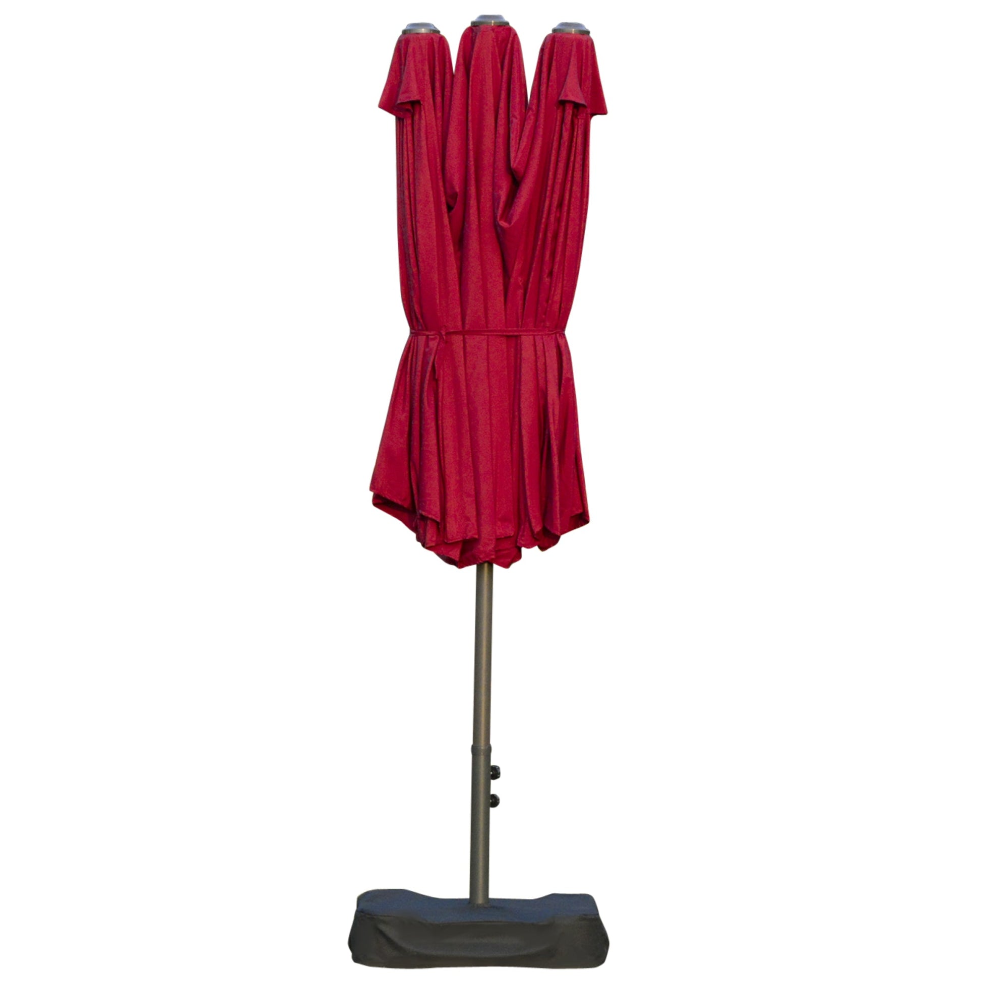 15' Outdoor Patio Umbrella with Twin Canopy Sunshade Steel Table Umbrella with Lift Crank, Cross base, Sandbag, Wine Red