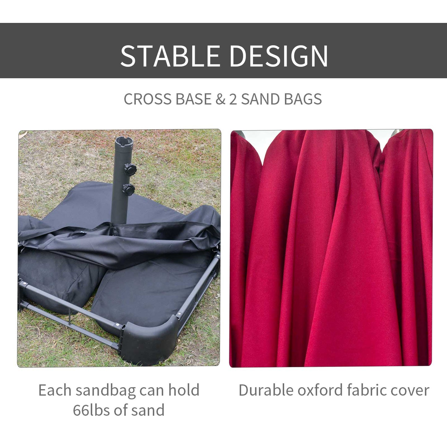 15' Outdoor Patio Umbrella with Twin Canopy Sunshade Steel Table Umbrella with Lift Crank, Cross base, Sandbag, Wine Red