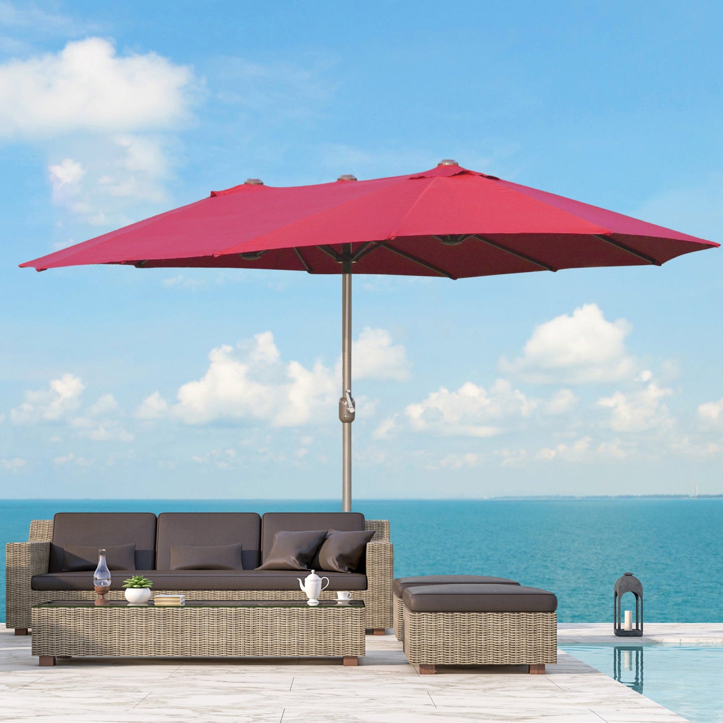 15' Outdoor Patio Umbrella with Twin Canopy Sunshade Steel Table Umbrella with Lift Crank, Cross base, Sandbag, Wine Red