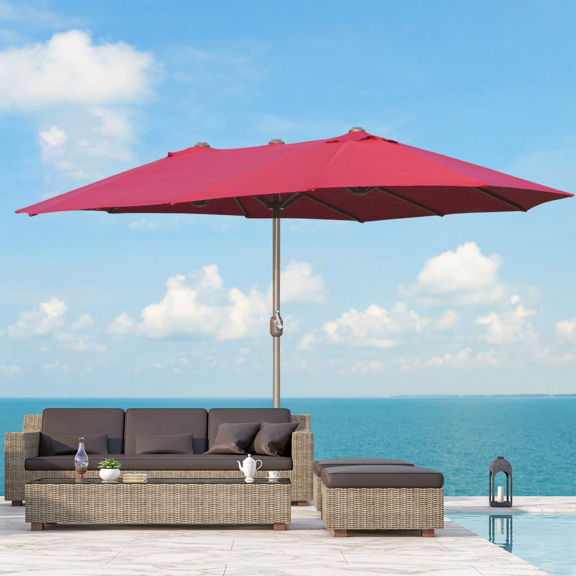 15' Outdoor Patio Umbrella with Twin Canopy Sunshade Steel Table Umbrella with Lift Crank, Cross base, Sandbag, Wine Red