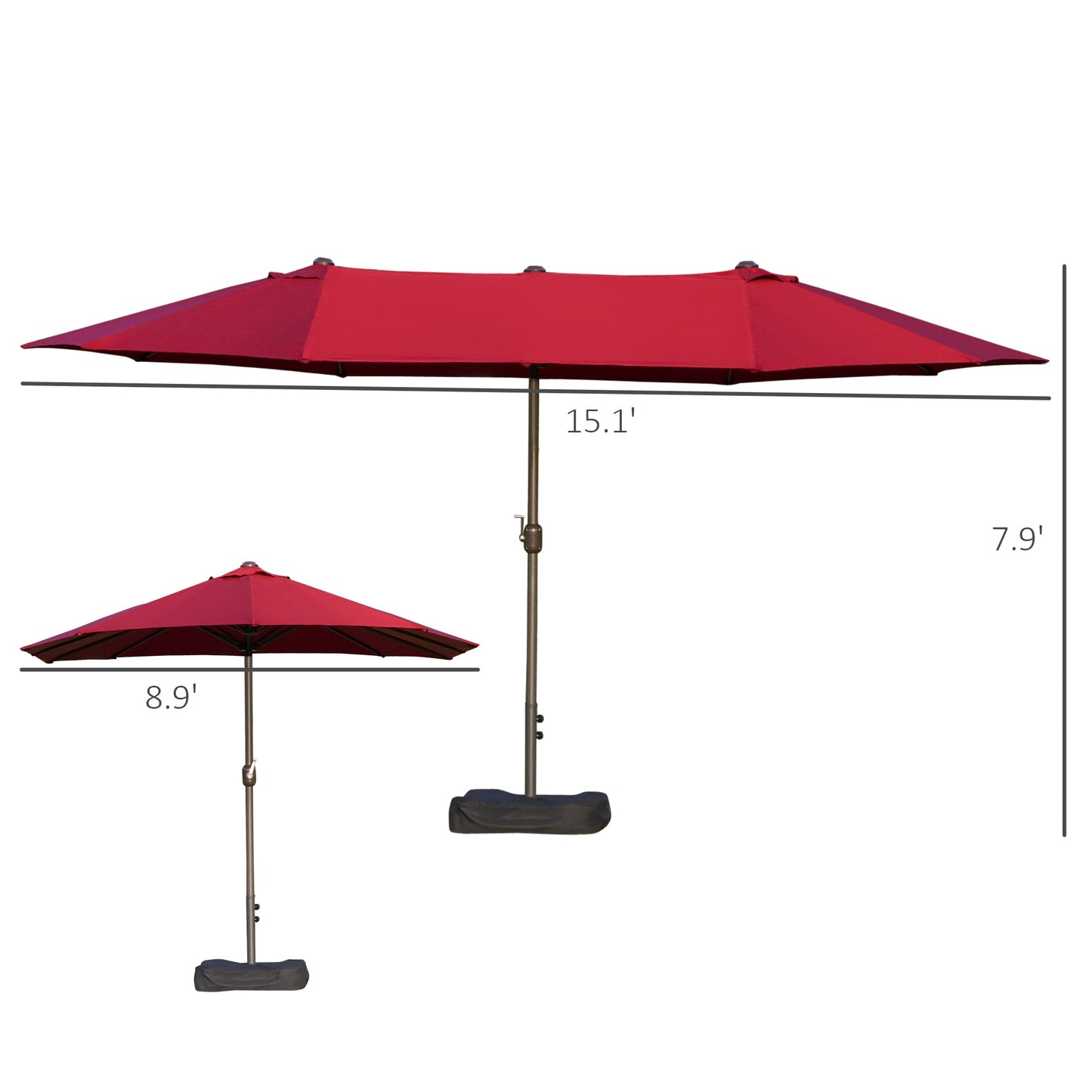 15' Outdoor Patio Umbrella with Twin Canopy Sunshade Steel Table Umbrella with Lift Crank, Cross base, Sandbag, Wine Red