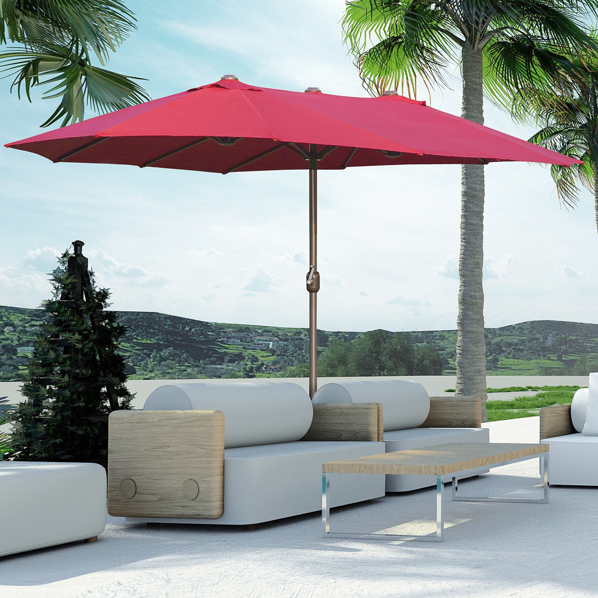 15' Outdoor Patio Umbrella with Twin Canopy Sunshade Steel Table Umbrella with Lift Crank, Cross base, Sandbag, Wine Red