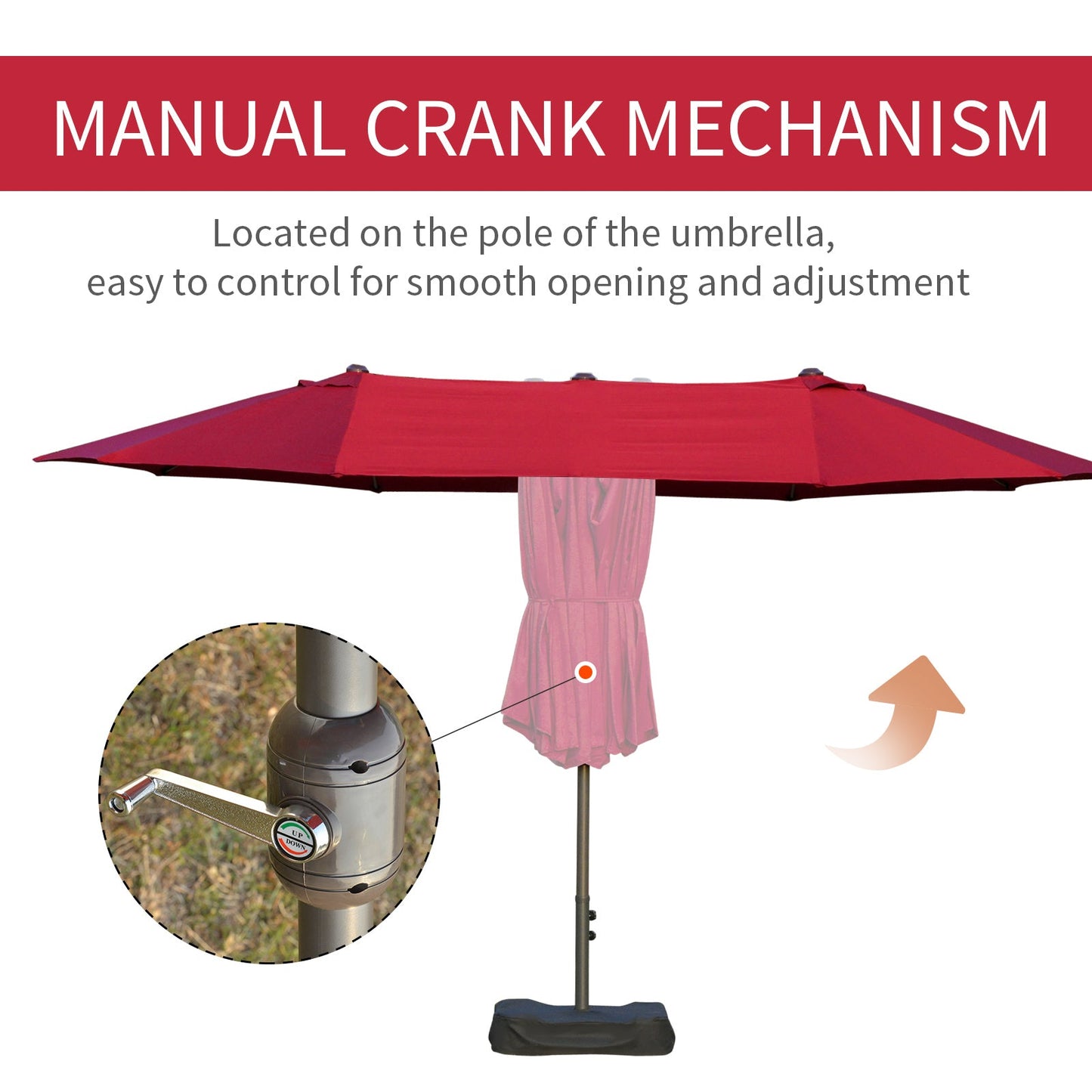 15' Outdoor Patio Umbrella with Twin Canopy Sunshade Steel Table Umbrella with Lift Crank, Cross base, Sandbag, Wine Red