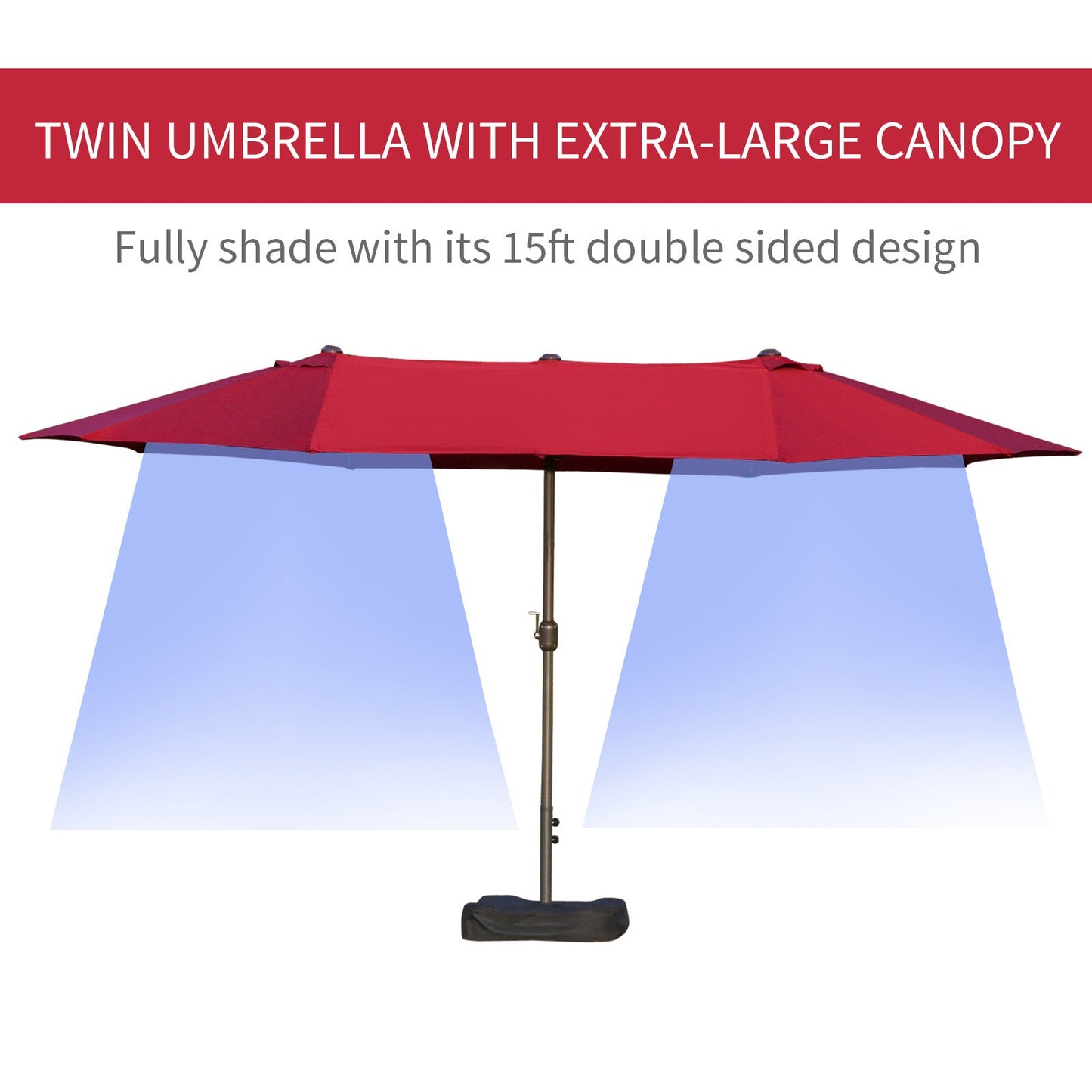 15' Outdoor Patio Umbrella with Twin Canopy Sunshade Steel Table Umbrella with Lift Crank, Cross base, Sandbag, Wine Red