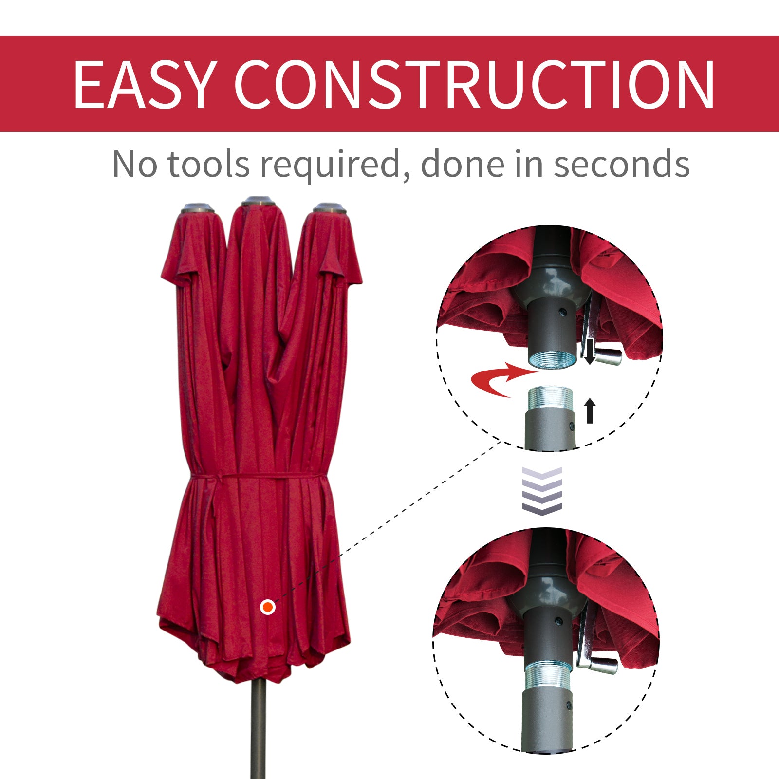15' Outdoor Patio Umbrella with Twin Canopy Sunshade Steel Table Umbrella with Lift Crank, Cross base, Sandbag, Wine Red