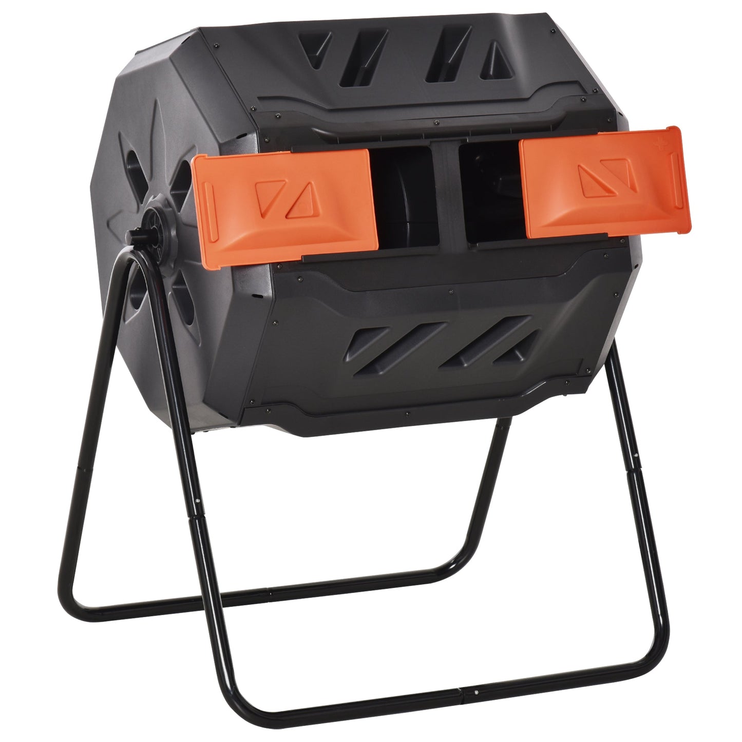 43 Gallon (160L) Tumbling Compost Bin Outdoor Dual Chamber 360° Rotating Composter with Sliding Doors, Solid Steel Frame and Gloves, Orange