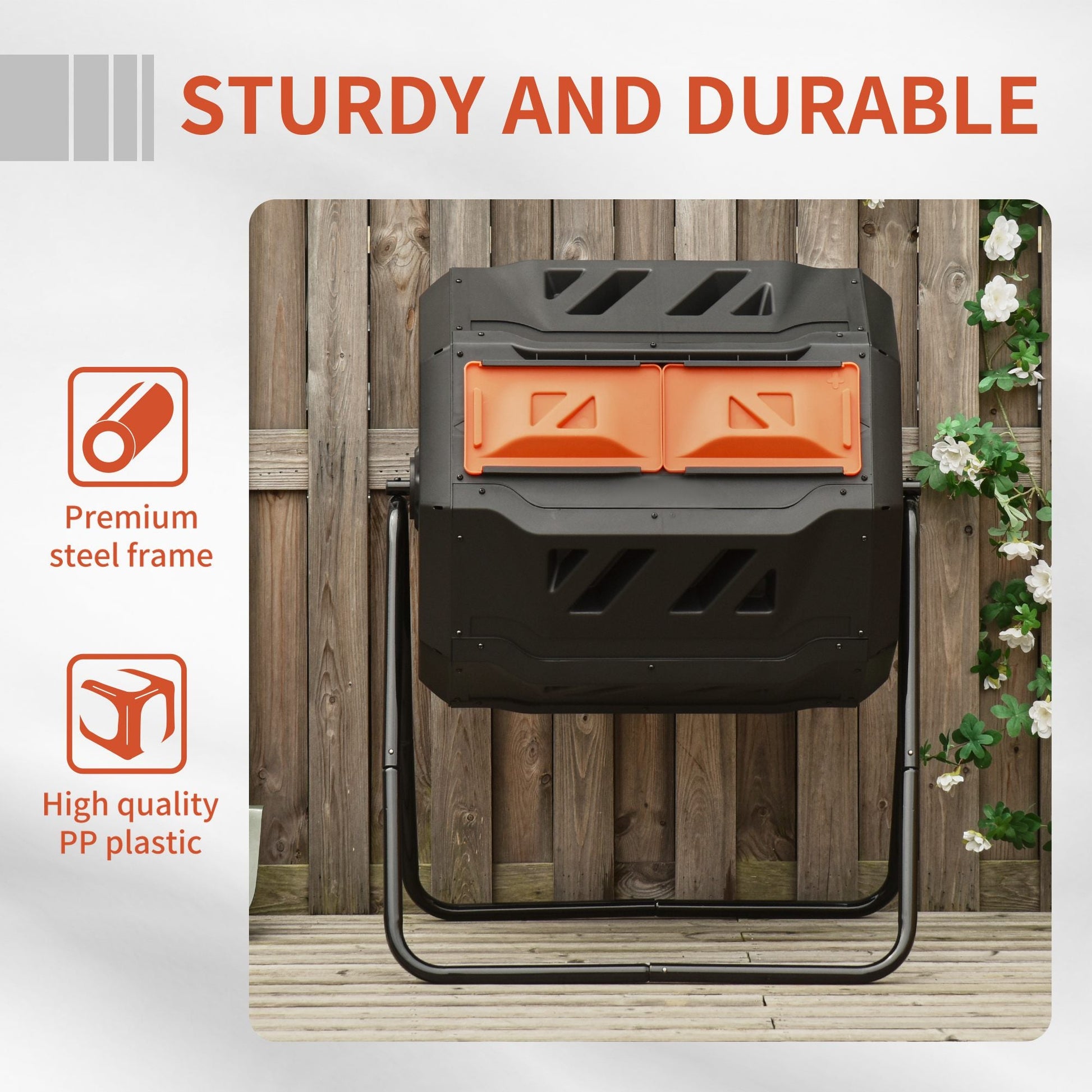 43 Gallon (160L) Tumbling Compost Bin Outdoor Dual Chamber 360° Rotating Composter with Sliding Doors, Solid Steel Frame and Gloves, Orange