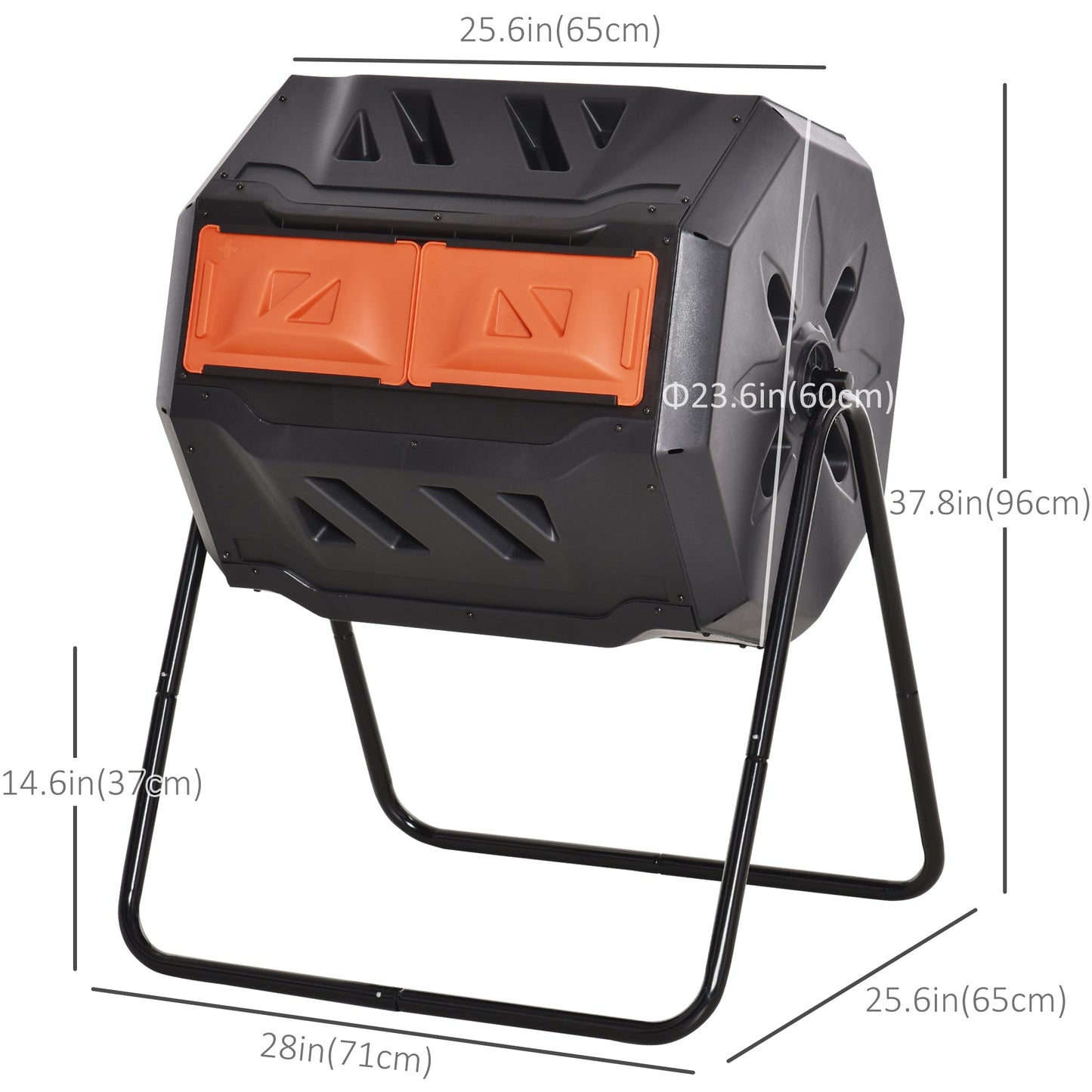 43 Gallon (160L) Tumbling Compost Bin Outdoor Dual Chamber 360° Rotating Composter with Sliding Doors, Solid Steel Frame and Gloves, Orange