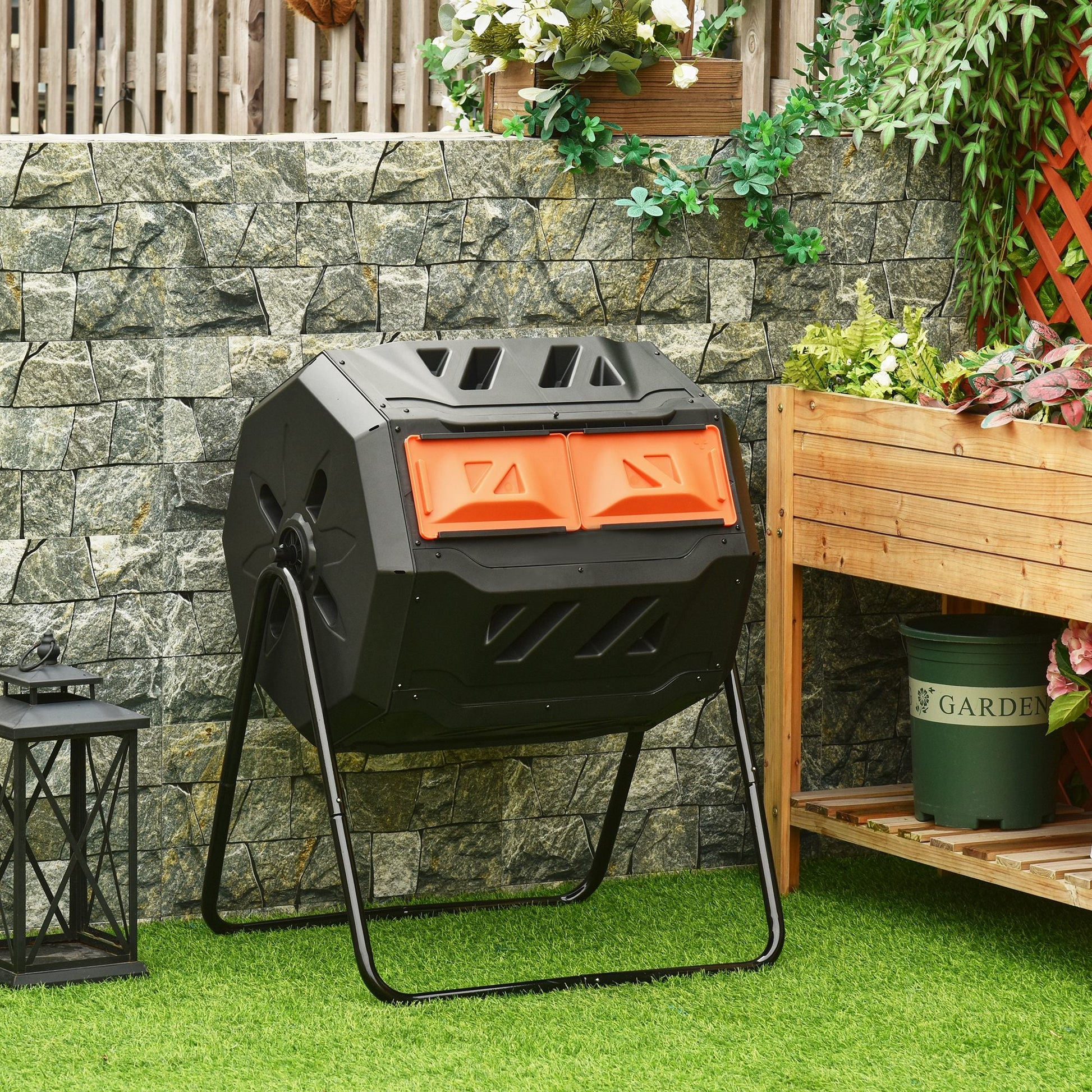 43 Gallon (160L) Tumbling Compost Bin Outdoor Dual Chamber 360° Rotating Composter with Sliding Doors, Solid Steel Frame and Gloves, Orange