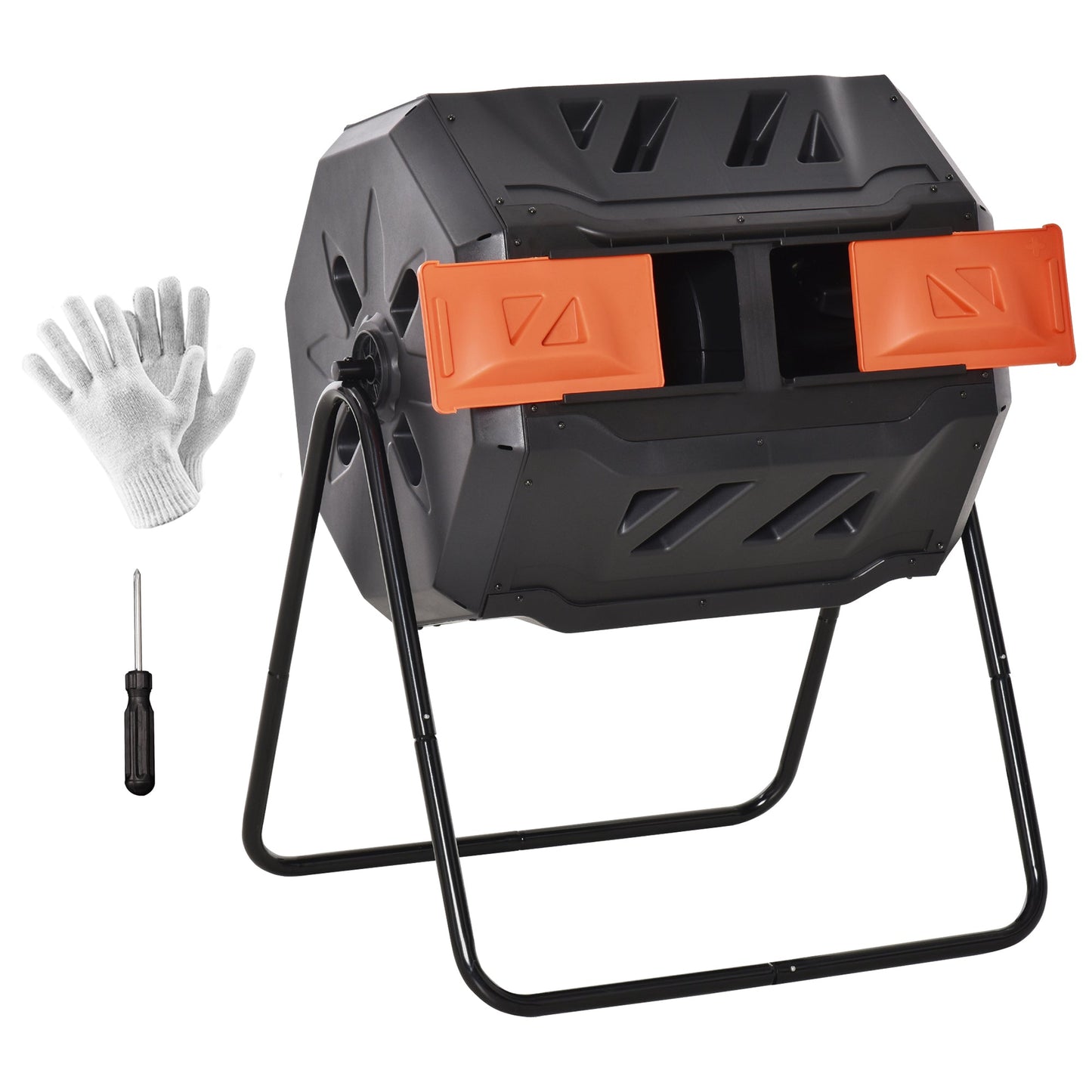43 Gallon (160L) Tumbling Compost Bin Outdoor Dual Chamber 360° Rotating Composter with Sliding Doors, Solid Steel Frame and Gloves, Orange