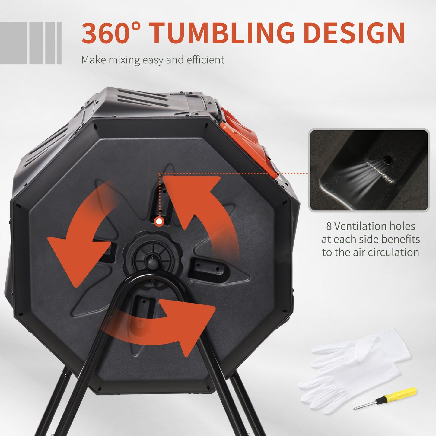 43 Gallon (160L) Tumbling Compost Bin Outdoor Dual Chamber 360° Rotating Composter with Sliding Doors, Solid Steel Frame and Gloves, Orange
