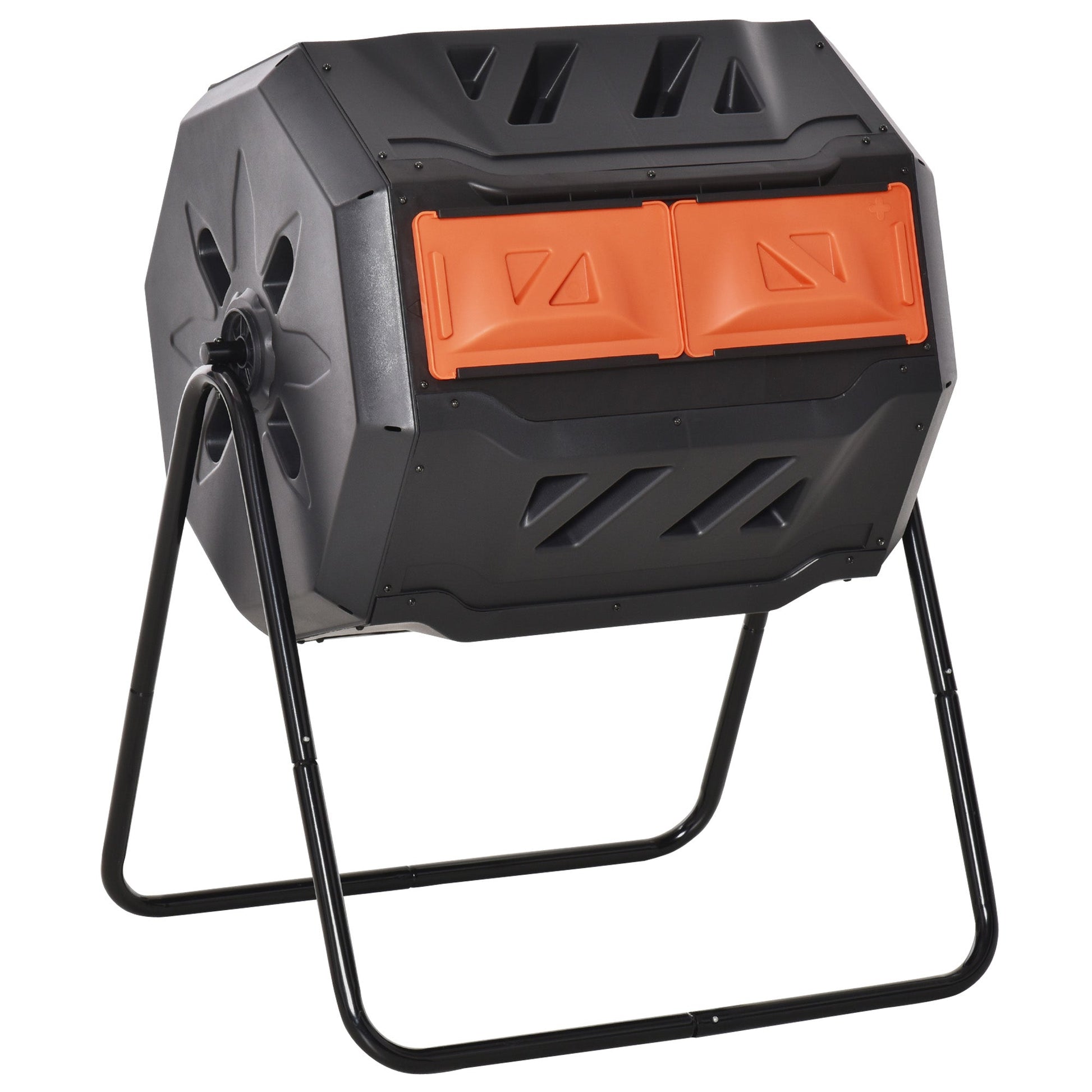 43 Gallon (160L) Tumbling Compost Bin Outdoor Dual Chamber 360° Rotating Composter with Sliding Doors, Solid Steel Frame and Gloves, Orange