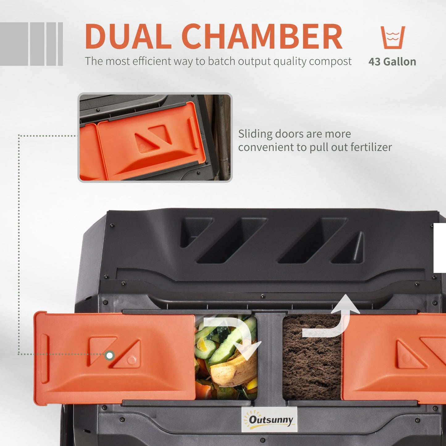 43 Gallon (160L) Tumbling Compost Bin Outdoor Dual Chamber 360° Rotating Composter with Sliding Doors, Solid Steel Frame and Gloves, Orange