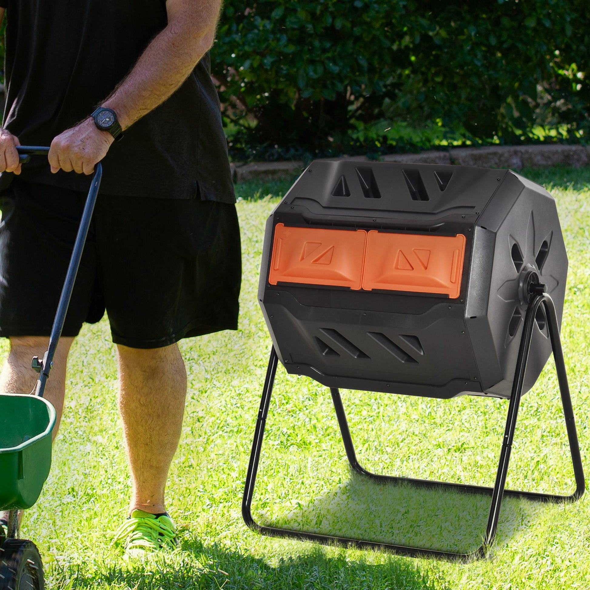 43 Gallon (160L) Tumbling Compost Bin Outdoor Dual Chamber 360° Rotating Composter with Sliding Doors, Solid Steel Frame and Gloves, Orange