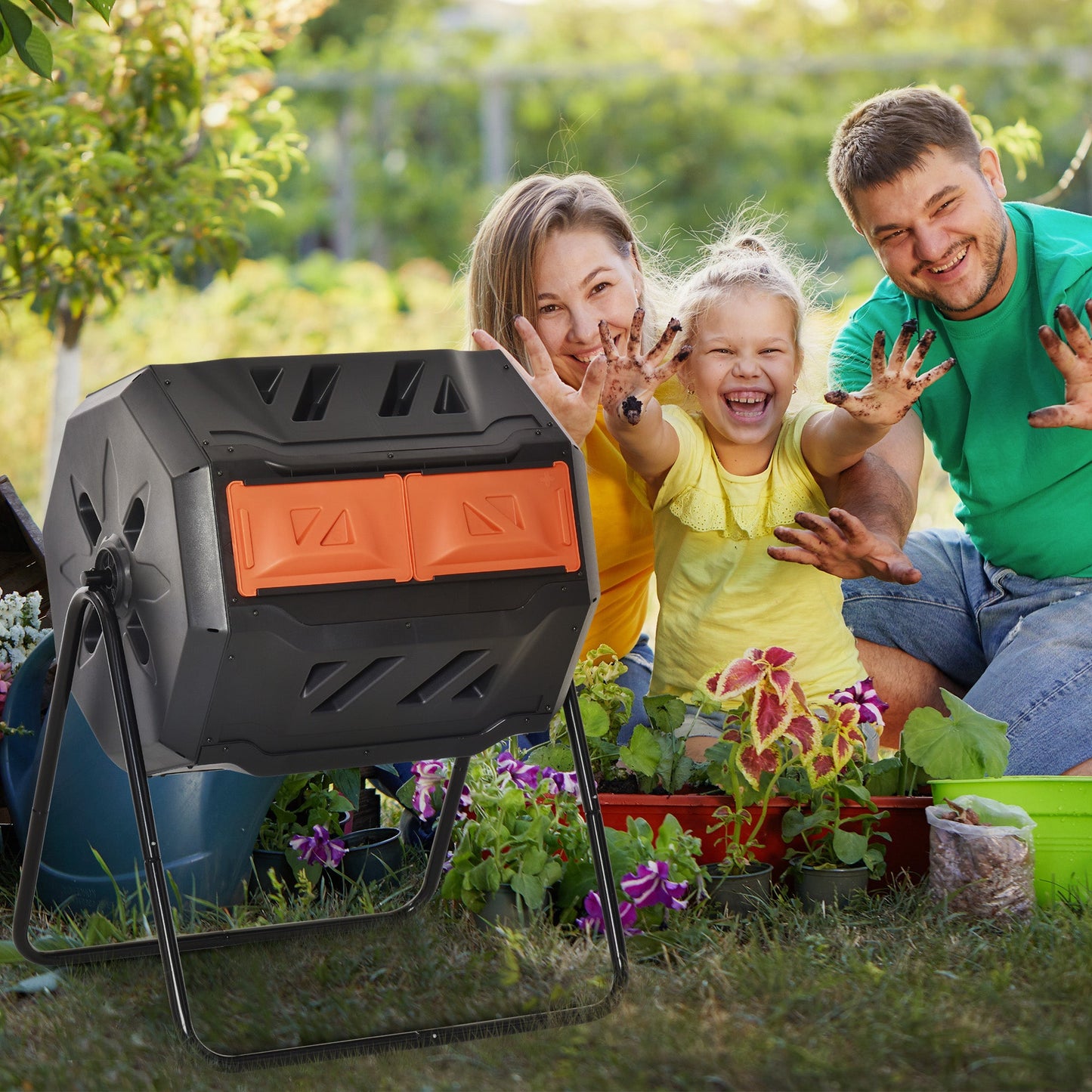 43 Gallon (160L) Tumbling Compost Bin Outdoor Dual Chamber 360° Rotating Composter with Sliding Doors, Solid Steel Frame and Gloves, Orange
