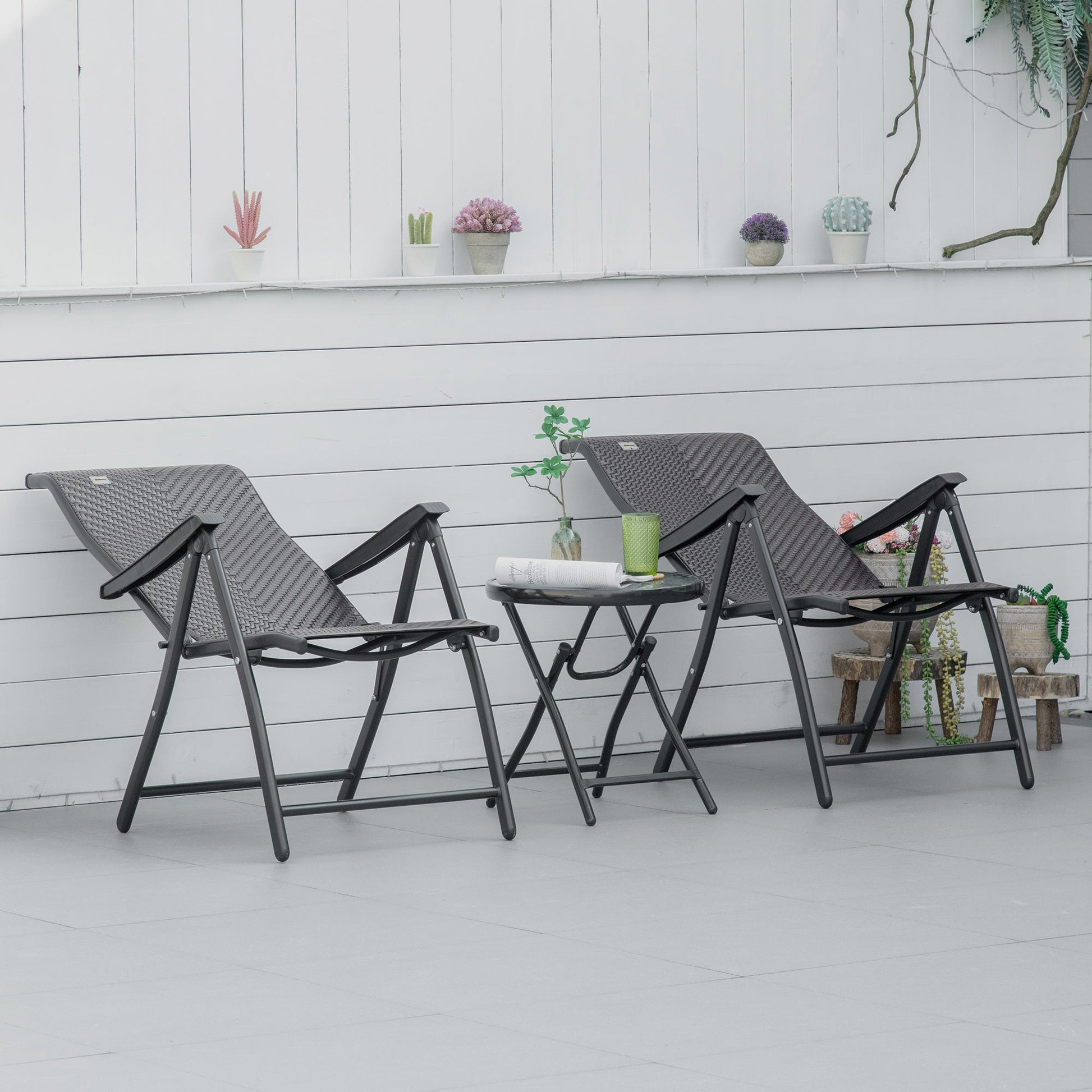 Set of 2 Outdoor Wicker Folding Chairs, Patio PE Rattan Dining Armrests Chair set with 7 Levels Adjustable Backrest, for Outdoors, Camping, Brown
