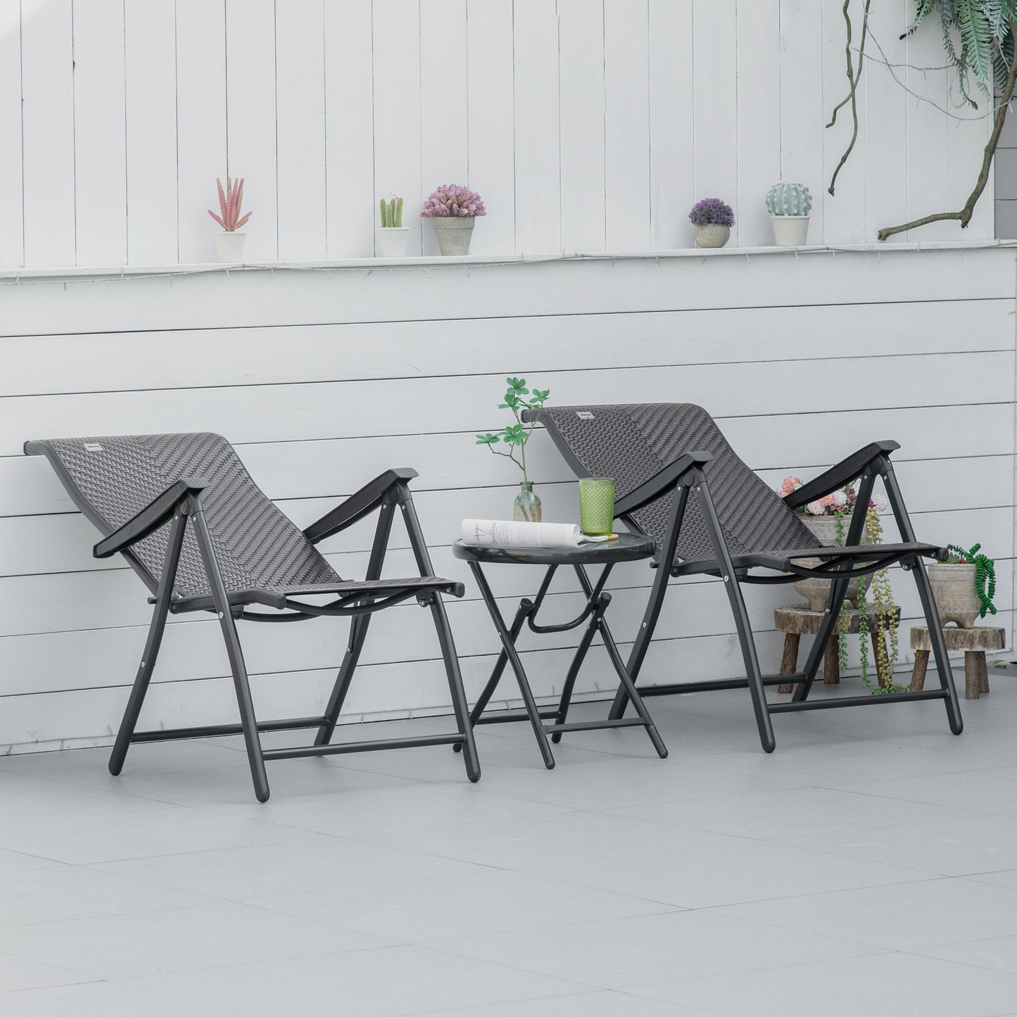 Set of 2 Outdoor Wicker Folding Chairs, Patio PE Rattan Dining Armrests Chair set with 7 Levels Adjustable Backrest, for Outdoors, Camping, Brown