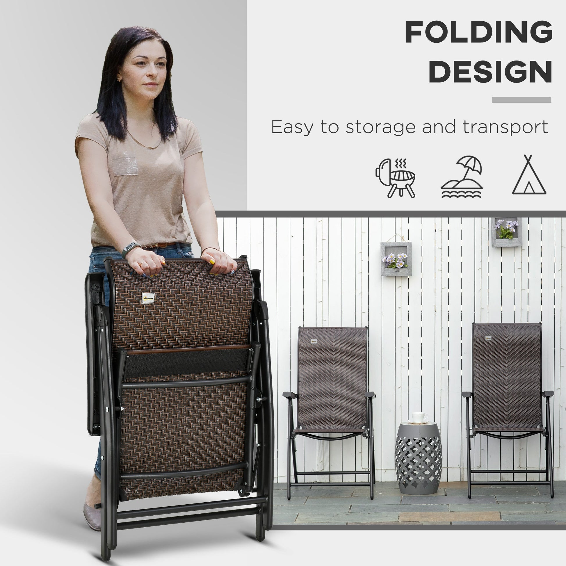 Set of 2 Outdoor Wicker Folding Chairs, Patio PE Rattan Dining Armrests Chair set with 7 Levels Adjustable Backrest, for Outdoors, Camping, Brown