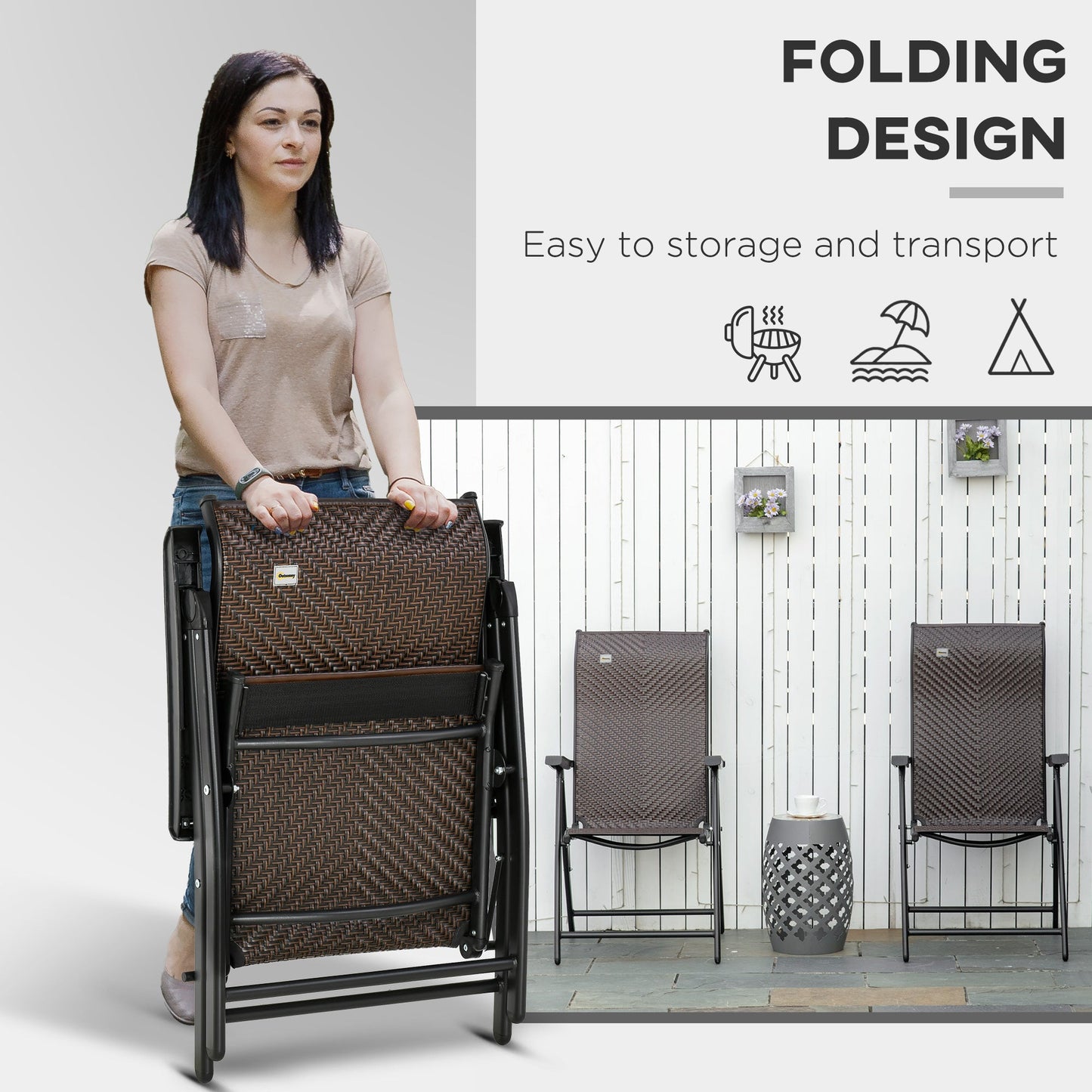 Set of 2 Outdoor Wicker Folding Chairs, Patio PE Rattan Dining Armrests Chair set with 7 Levels Adjustable Backrest, for Outdoors, Camping, Brown