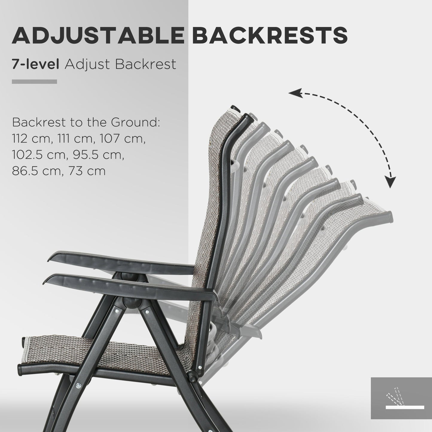 Set of 2 Outdoor Wicker Folding Chairs, Patio PE Rattan Dining Armrests Chair set with 7 Levels Adjustable Backrest, for Outdoors, Camping, Brown