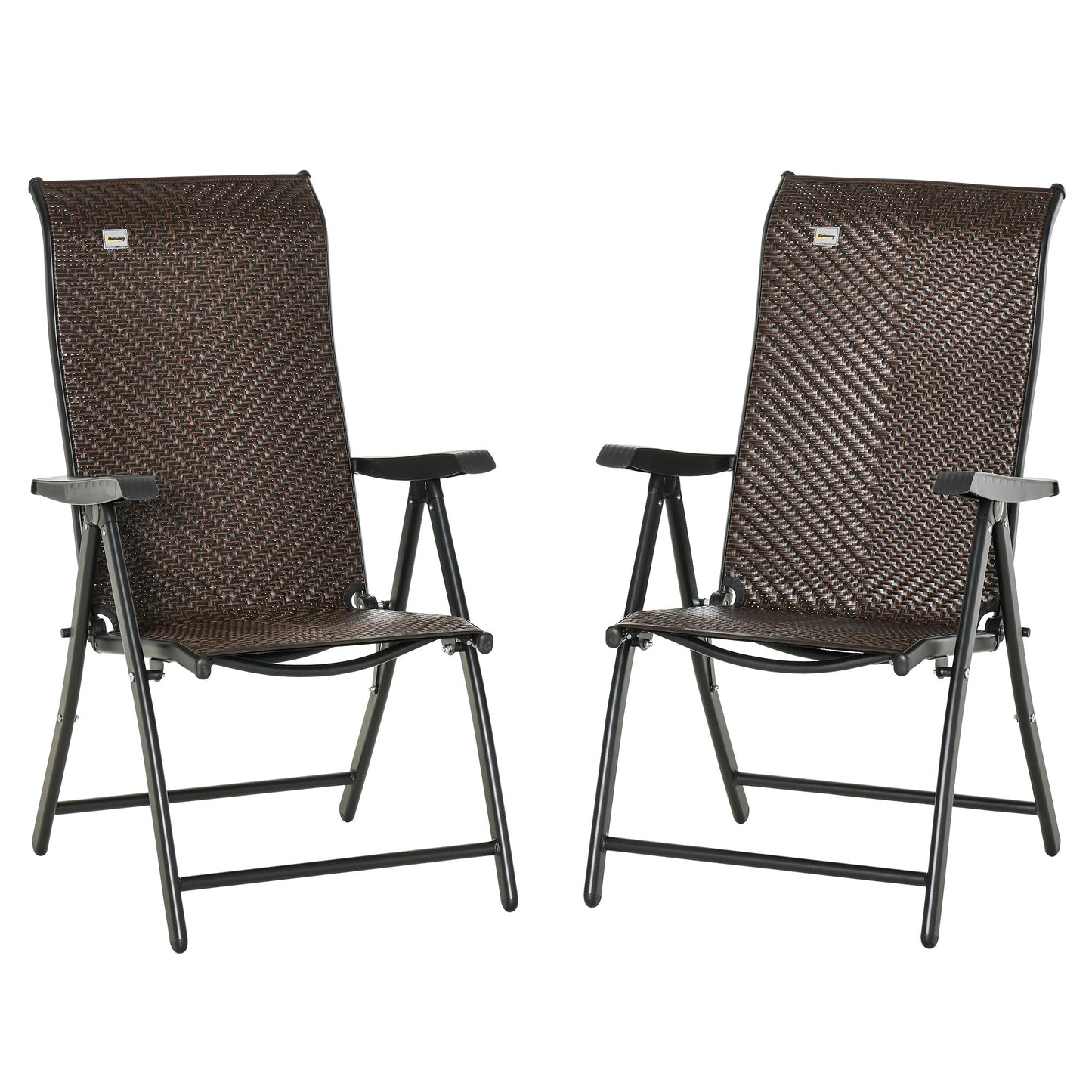 Set of 2 Outdoor Wicker Folding Chairs, Patio PE Rattan Dining Armrests Chair set with 7 Levels Adjustable Backrest, for Outdoors, Camping, Brown