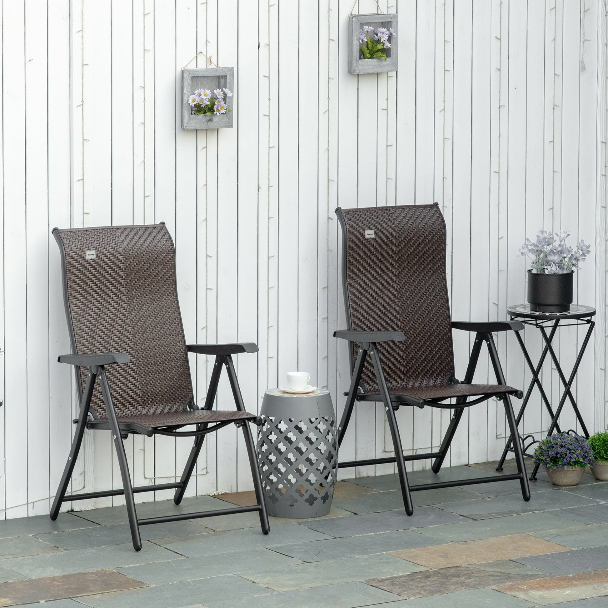 Set of 2 Outdoor Wicker Folding Chairs, Patio PE Rattan Dining Armrests Chair set with 7 Levels Adjustable Backrest, for Outdoors, Camping, Brown