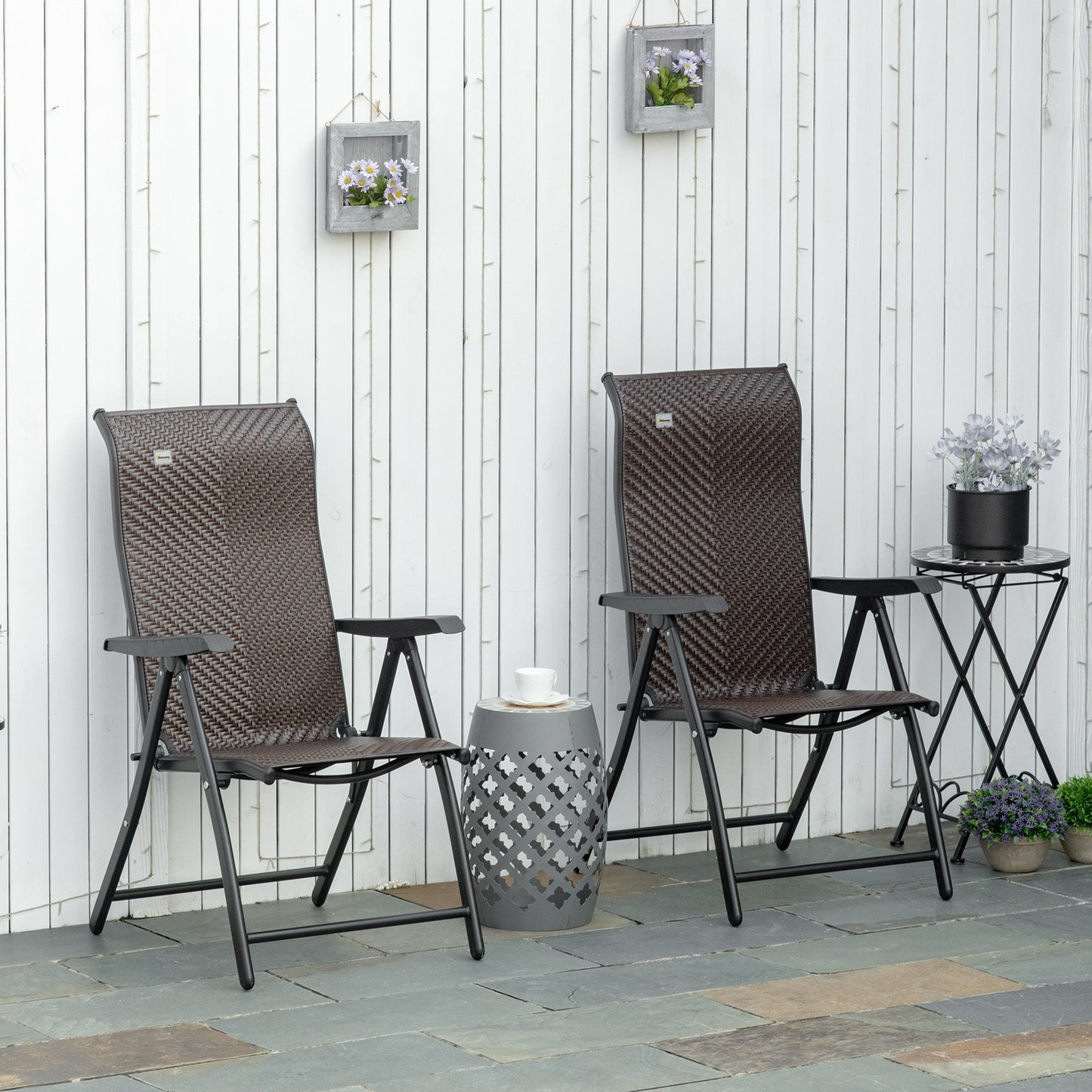 Set of 2 Outdoor Wicker Folding Chairs, Patio PE Rattan Dining Armrests Chair set with 7 Levels Adjustable Backrest, for Outdoors, Camping, Brown