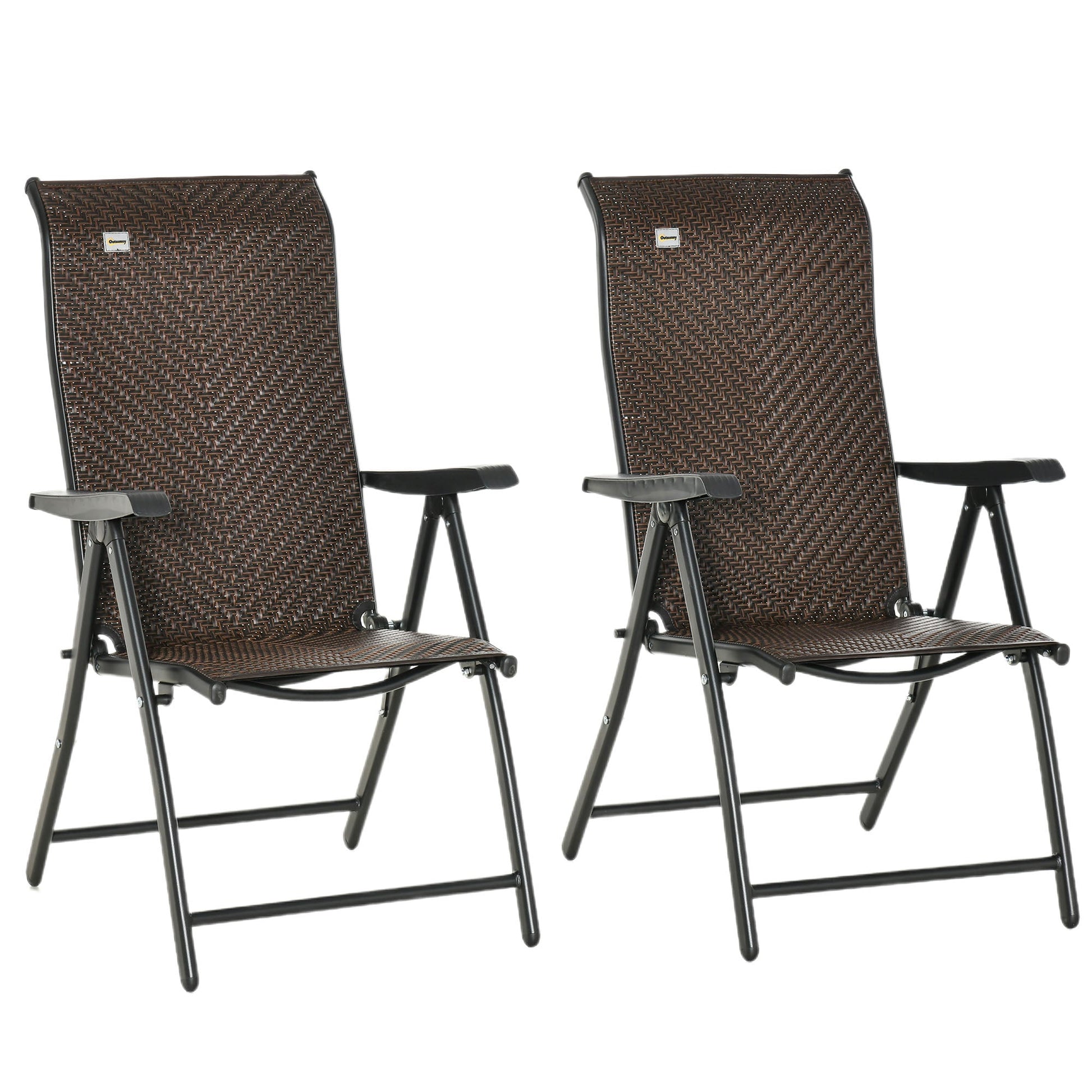 Set of 2 Outdoor Wicker Folding Chairs, Patio PE Rattan Dining Armrests Chair set with 7 Levels Adjustable Backrest, for Outdoors, Camping, Brown