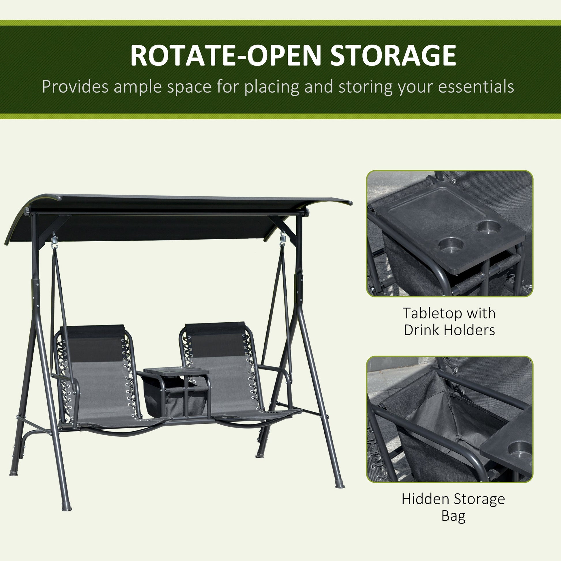 2 Person Covered Porch Swing Patio Swing with Pivot Storage Table, Cup Holder, & Adjustable Overhead Canopy, Black