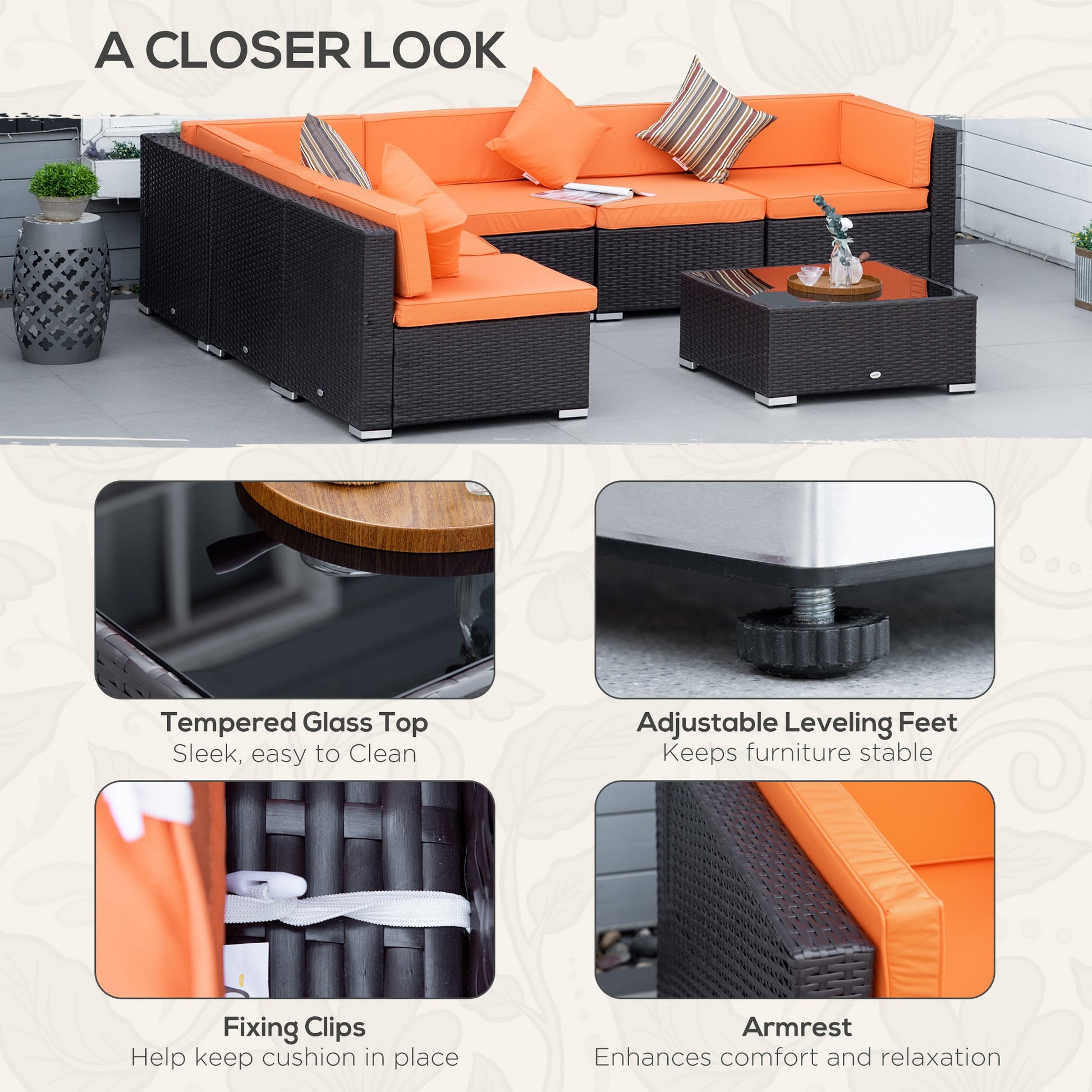 7 Piece Patio Furniture Set, PE Rattan Outdoor Conversation Set with Sectional Sofa, Glass Tabletop, Cushions and Pillows for Garden, Lawn, Deck, Coffee and Orange