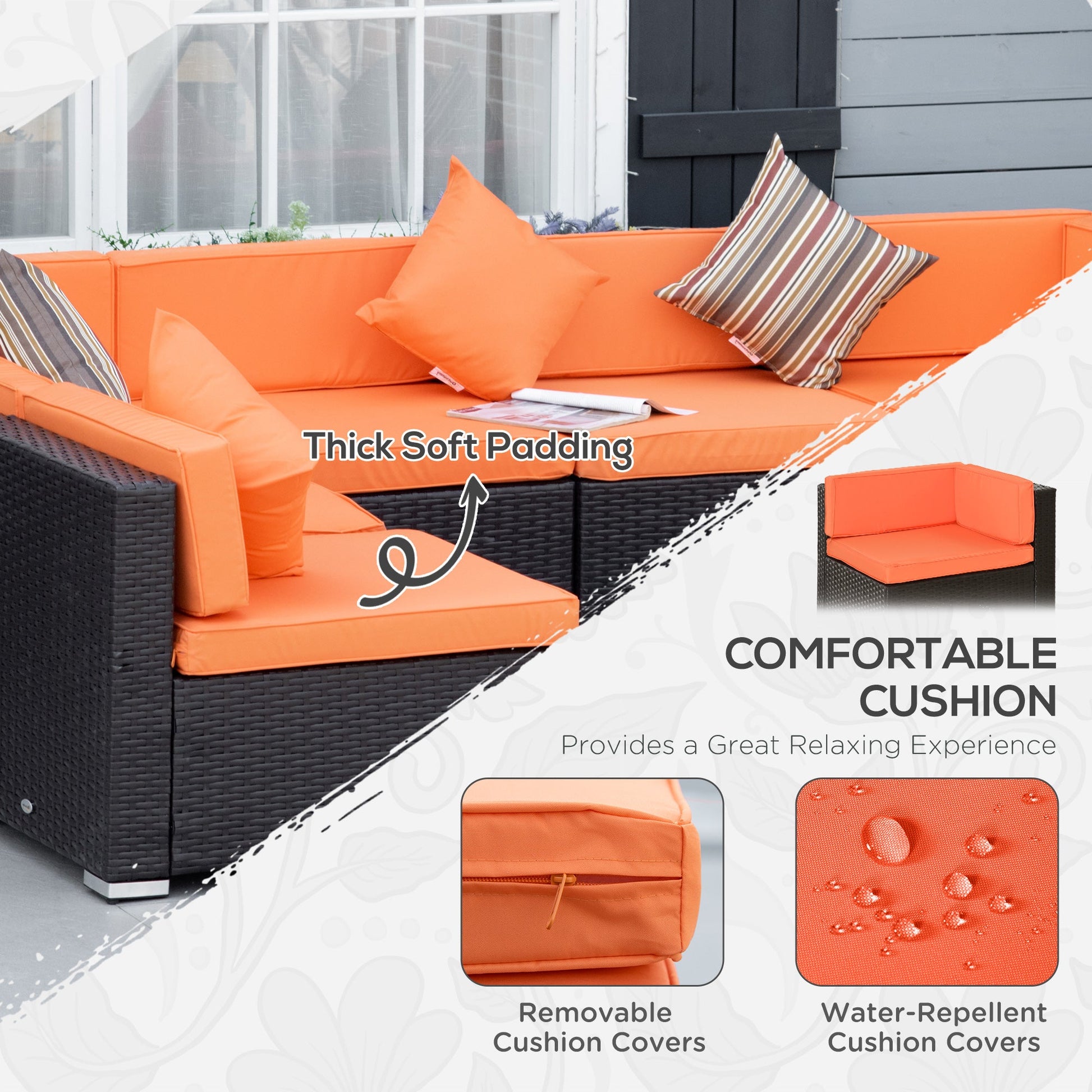 7 Piece Patio Furniture Set, PE Rattan Outdoor Conversation Set with Sectional Sofa, Glass Tabletop, Cushions and Pillows for Garden, Lawn, Deck, Coffee and Orange