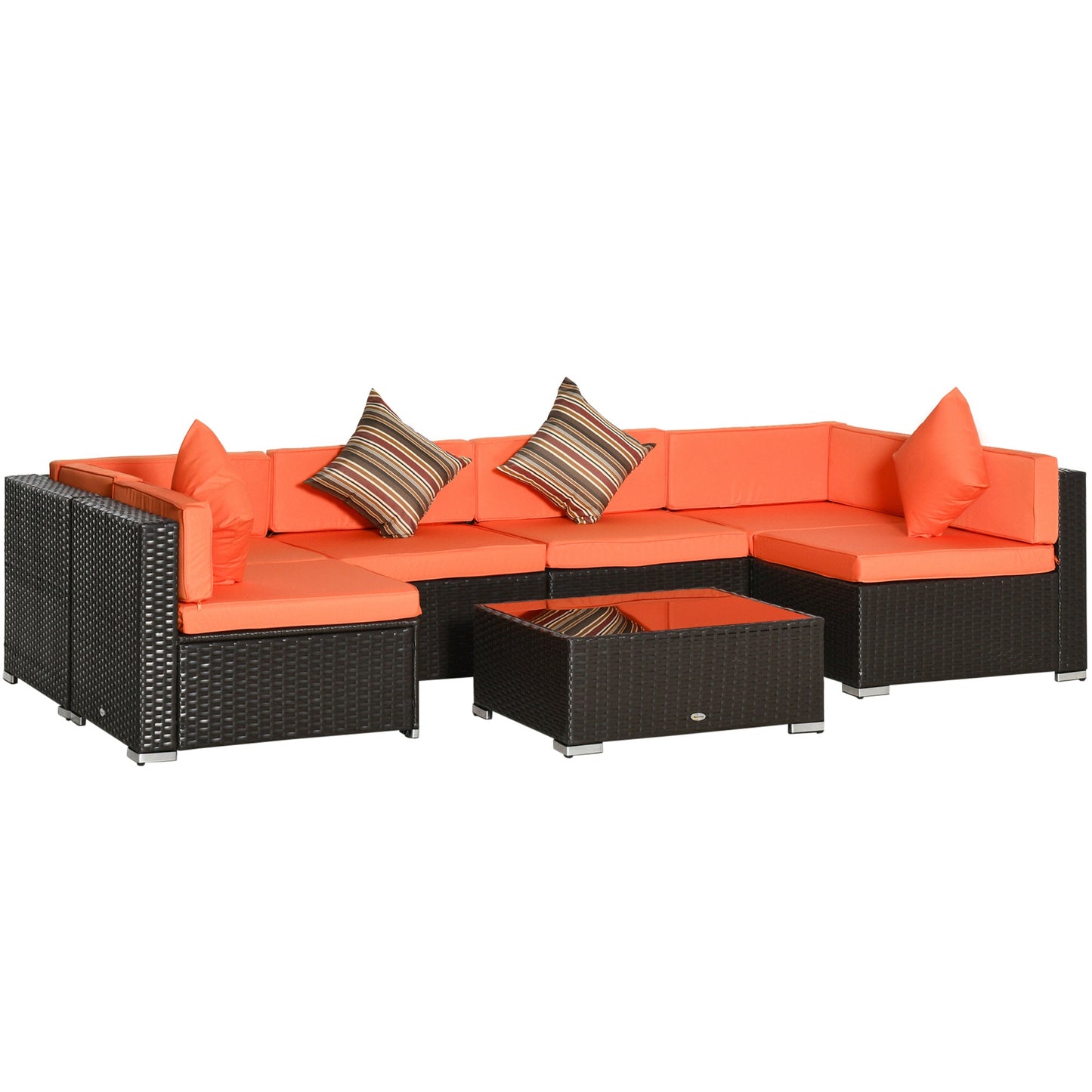 7 Piece Patio Furniture Set, PE Rattan Outdoor Conversation Set with Sectional Sofa, Glass Tabletop, Cushions and Pillows for Garden, Lawn, Deck, Coffee and Orange