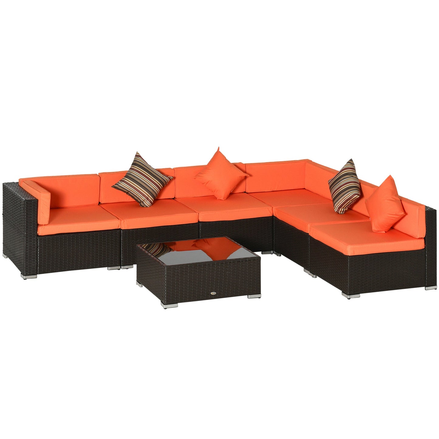 7 Piece Patio Furniture Set, PE Rattan Outdoor Conversation Set with Sectional Sofa, Glass Tabletop, Cushions and Pillows for Garden, Lawn, Deck, Coffee and Orange