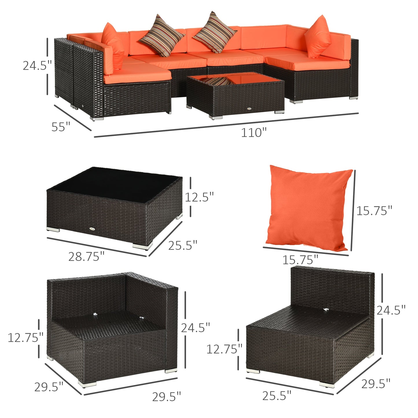 7 Piece Patio Furniture Set, PE Rattan Outdoor Conversation Set with Sectional Sofa, Glass Tabletop, Cushions and Pillows for Garden, Lawn, Deck, Coffee and Orange