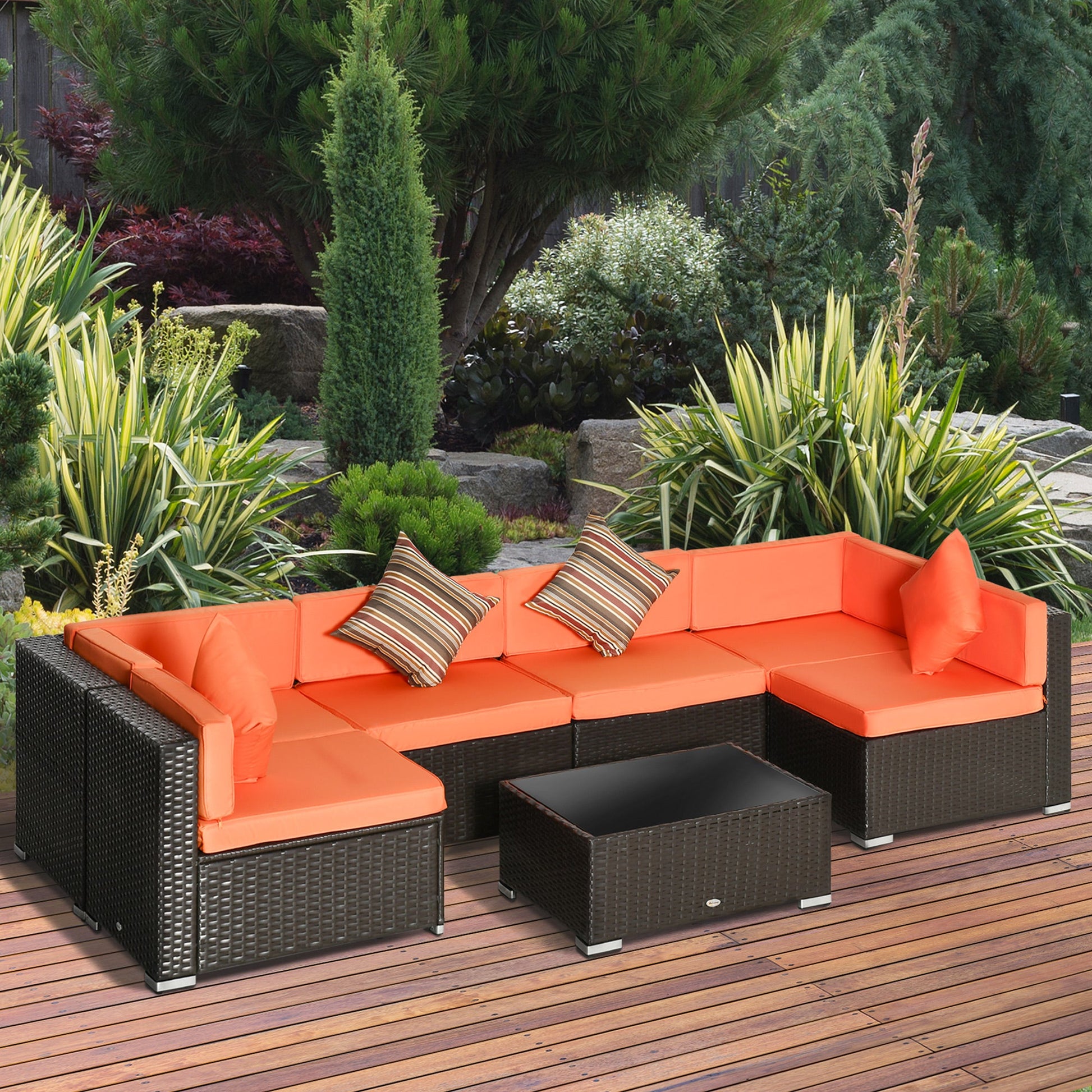 7 Piece Patio Furniture Set, PE Rattan Outdoor Conversation Set with Sectional Sofa, Glass Tabletop, Cushions and Pillows for Garden, Lawn, Deck, Coffee and Orange