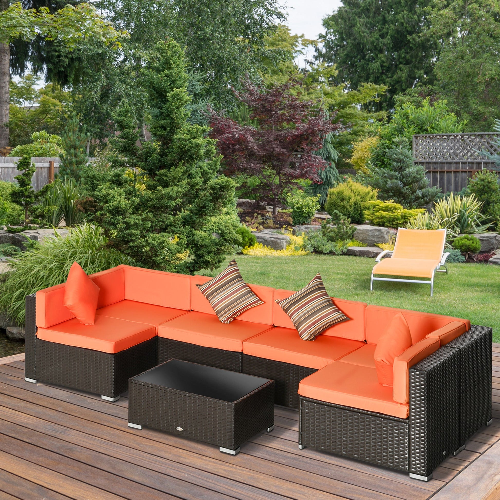 7 Piece Patio Furniture Set, PE Rattan Outdoor Conversation Set with Sectional Sofa, Glass Tabletop, Cushions and Pillows for Garden, Lawn, Deck, Coffee and Orange
