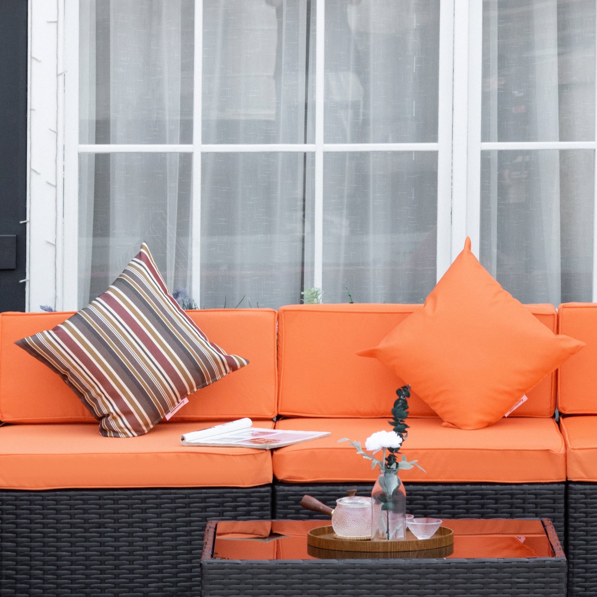 7 Piece Patio Furniture Set, PE Rattan Outdoor Conversation Set with Sectional Sofa, Glass Tabletop, Cushions and Pillows for Garden, Lawn, Deck, Coffee and Orange