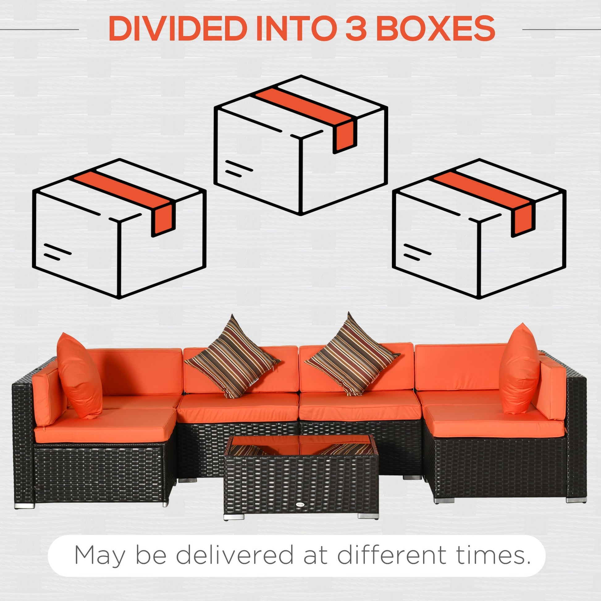 7 Piece Patio Furniture Set, PE Rattan Outdoor Conversation Set with Sectional Sofa, Glass Tabletop, Cushions and Pillows for Garden, Lawn, Deck, Coffee and Orange