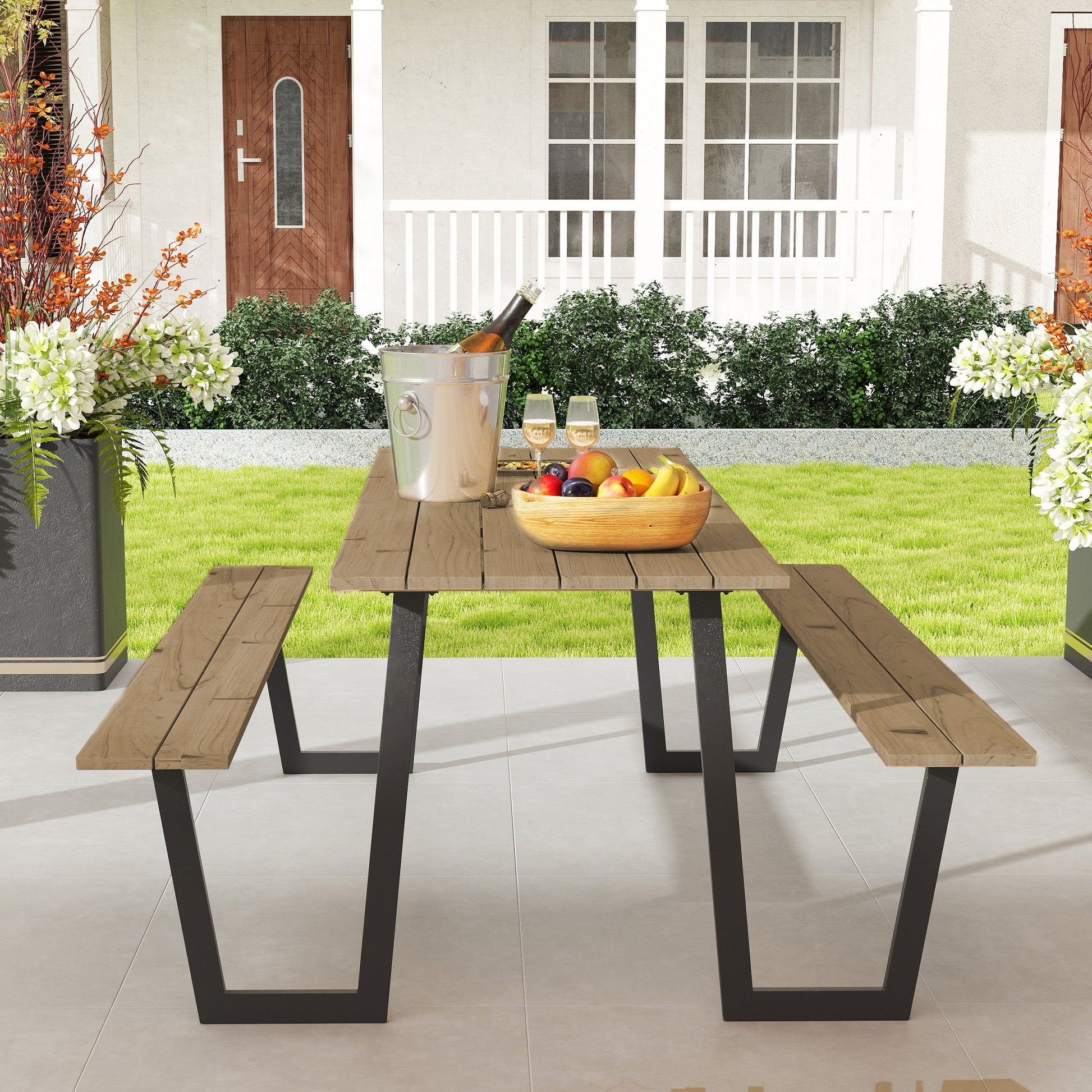 Outdoor Picnic Table Bench Set with 2" Umbrella Hole, 5.7 FT Picnic Dining Table and 794 LBS Benches with Spruce Wood Tabletop and Steel Frame for Patio, Backyard, Brown