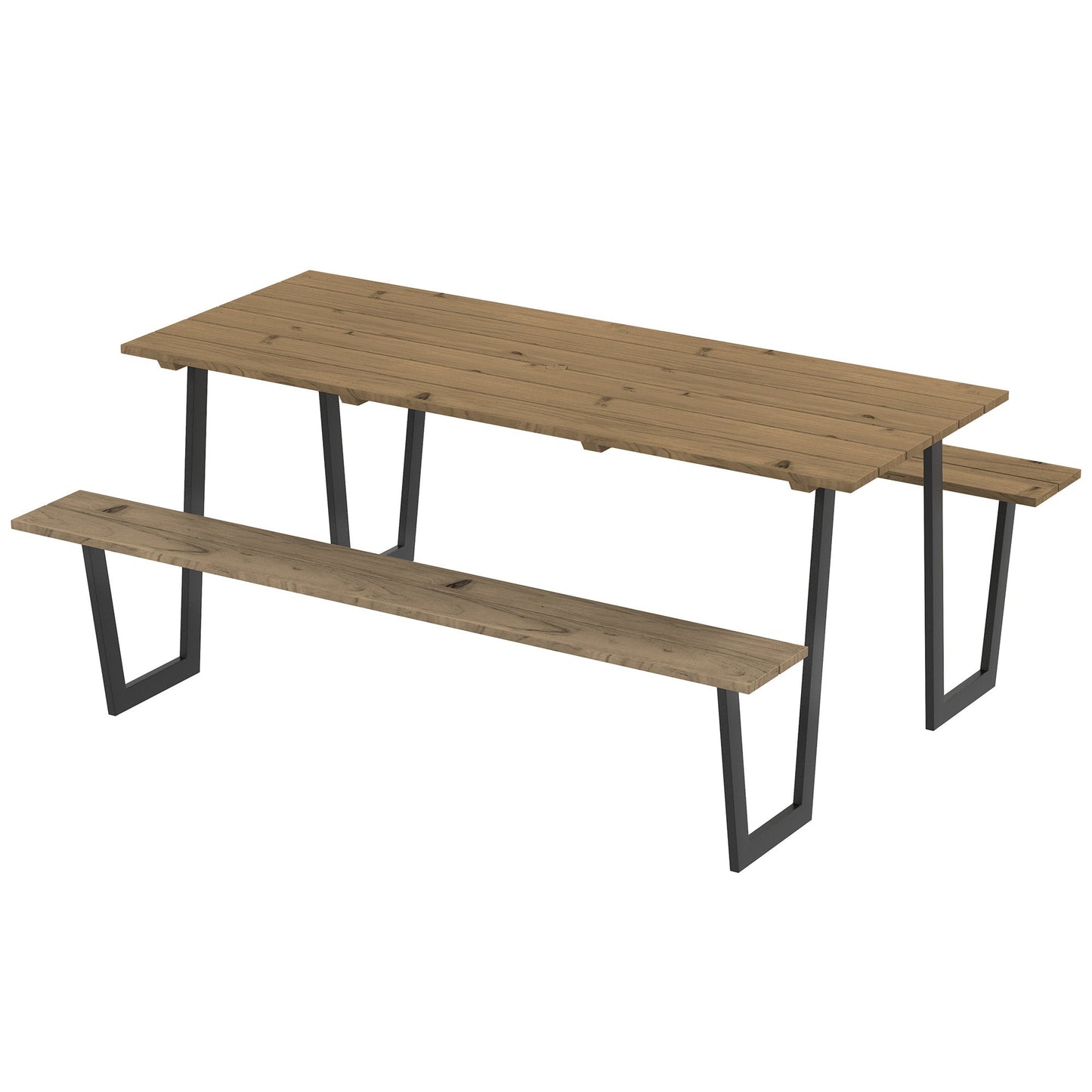 Outdoor Picnic Table Bench Set with 2" Umbrella Hole, 5.7 FT Picnic Dining Table and 794 LBS Benches with Spruce Wood Tabletop and Steel Frame for Patio, Backyard, Brown