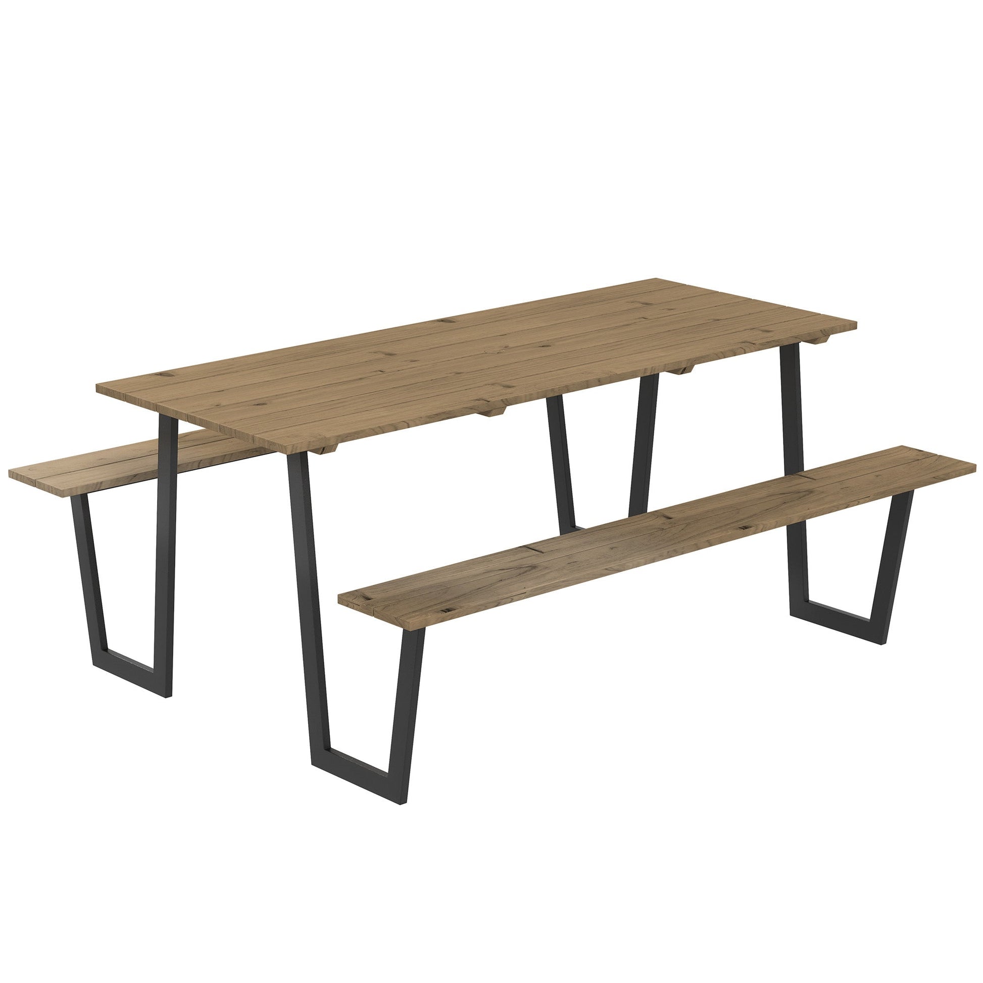 Outdoor Picnic Table Bench Set with 2" Umbrella Hole, 5.7 FT Picnic Dining Table and 794 LBS Benches with Spruce Wood Tabletop and Steel Frame for Patio, Backyard, Brown