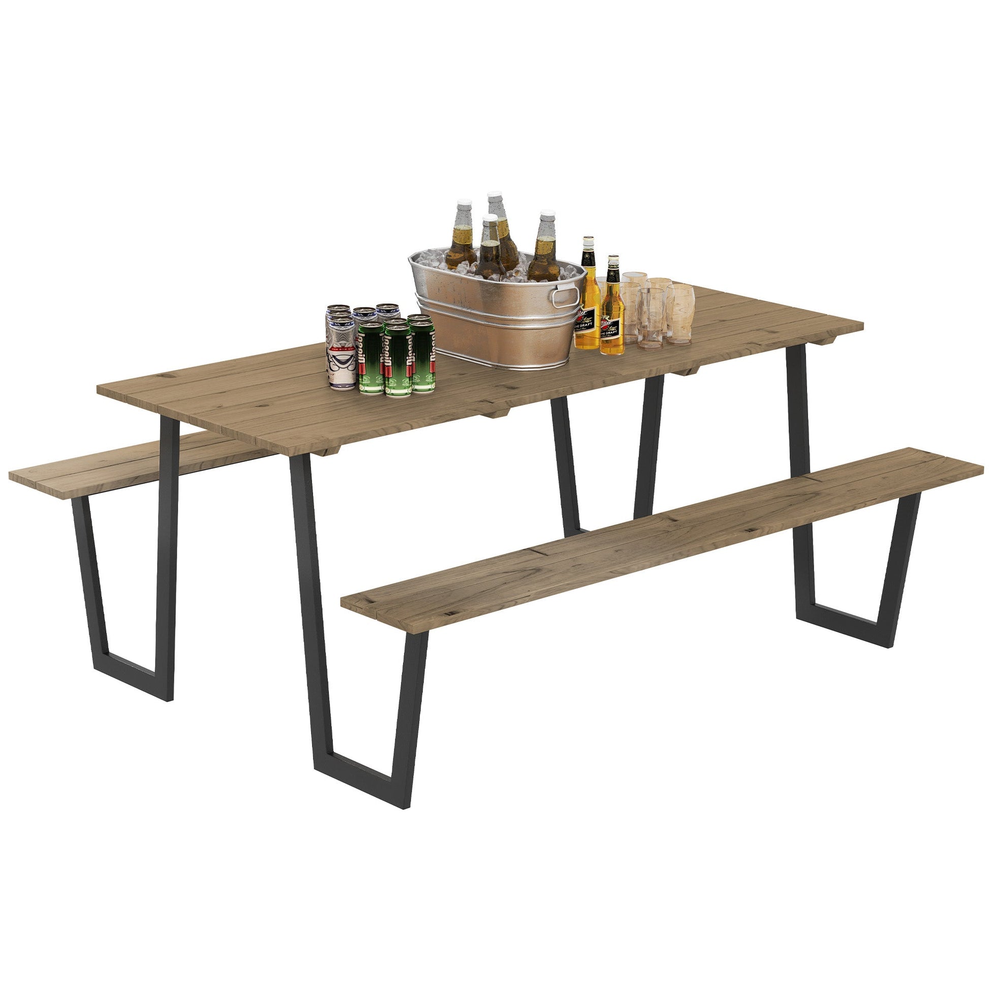 Outdoor Picnic Table Bench Set with 2" Umbrella Hole, 5.7 FT Picnic Dining Table and 794 LBS Benches with Spruce Wood Tabletop and Steel Frame for Patio, Backyard, Brown