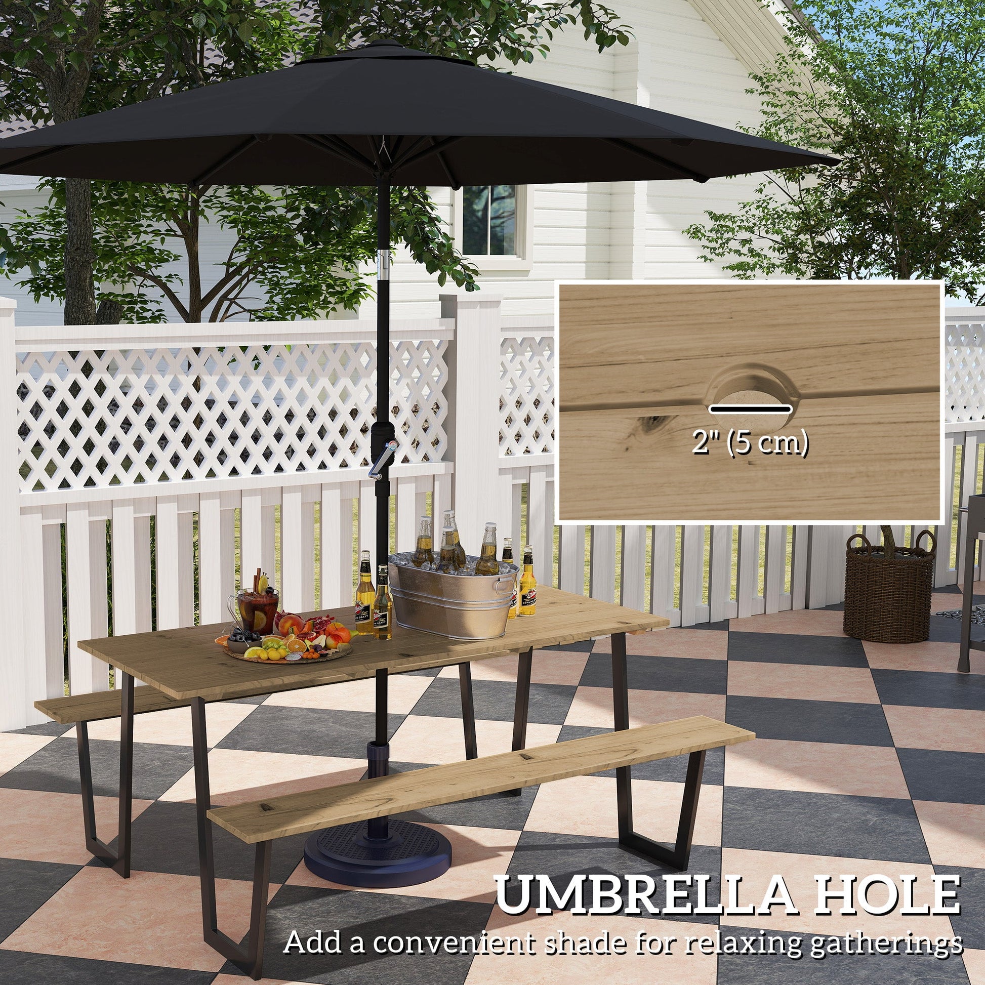Outdoor Picnic Table Bench Set with 2" Umbrella Hole, 5.7 FT Picnic Dining Table and 794 LBS Benches with Spruce Wood Tabletop and Steel Frame for Patio, Backyard, Brown